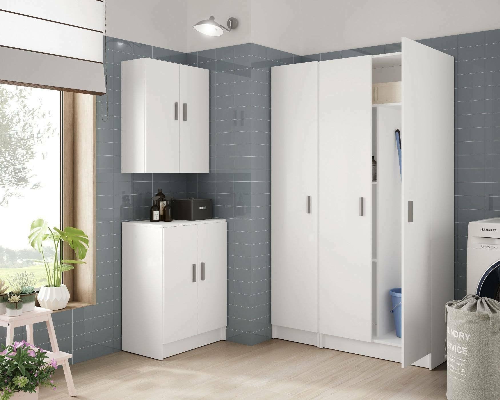 Dmora - Mobile pensile Detroit, Armadio ausiliare a 2 ante, Armadietto multiuso da bagno o lavanderia, 59x27h60 cm, Bianco