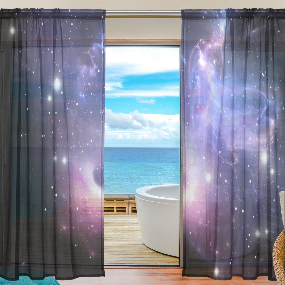 ALAZAU Life Stars Galaxy Nebula Space Universe Patchwork Rod Pocket Sheer Voile Window Curtain Curtains 55 inch Wide x 78 inch Long Per Panel, Set of 2 Panels