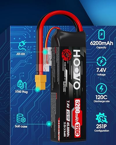 Miniatura 2 de HOOVO Batería Lipo 2S, 7.4 V 6200 mAh 120C RC, funda blanda con enchufe XT60 para coche RC, camión, buggy, rastreador, avión, barco, vehículo RC, 2