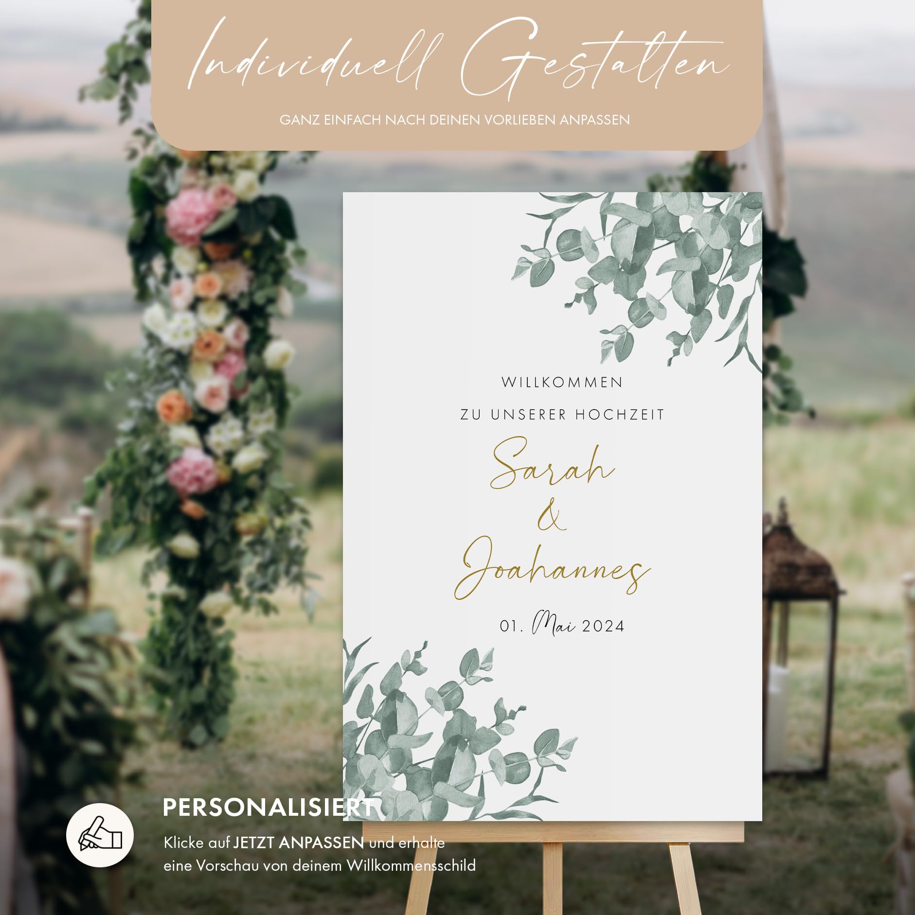 HEI Print Willkommensschild Hochzeit Eukalyptus mit Datum und Namen, personalisierte Hochzeitsdeko, Aufsteller Willkommen Schild, Grün, Leinwand, 60x40 (Hochformat)