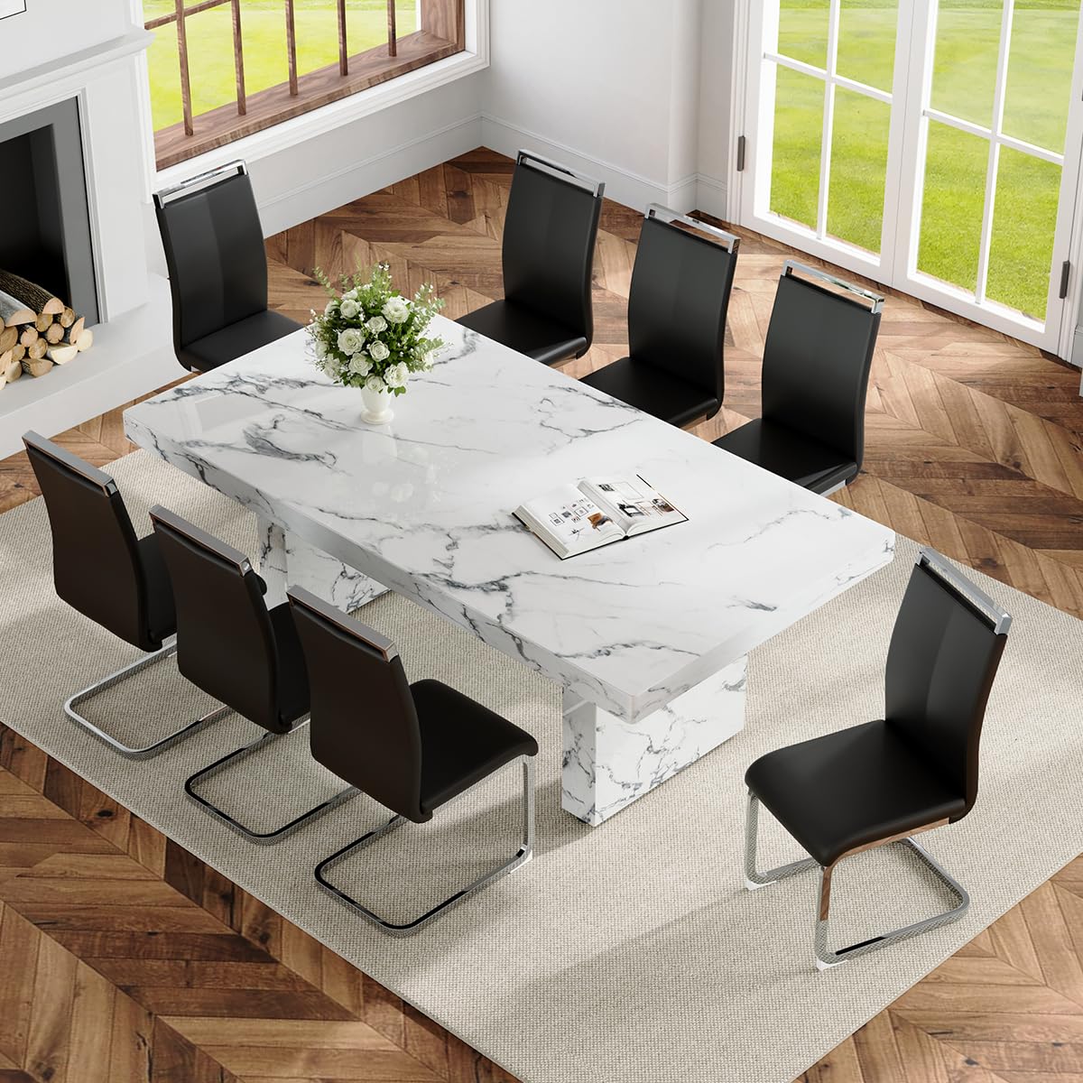 Ebullient 79'' Marble Dining Table Set, 3.5'' White Marble-Patterned Tabletop with Stable MDF Base, Modern Dining Table Set for 8 with Chairs,