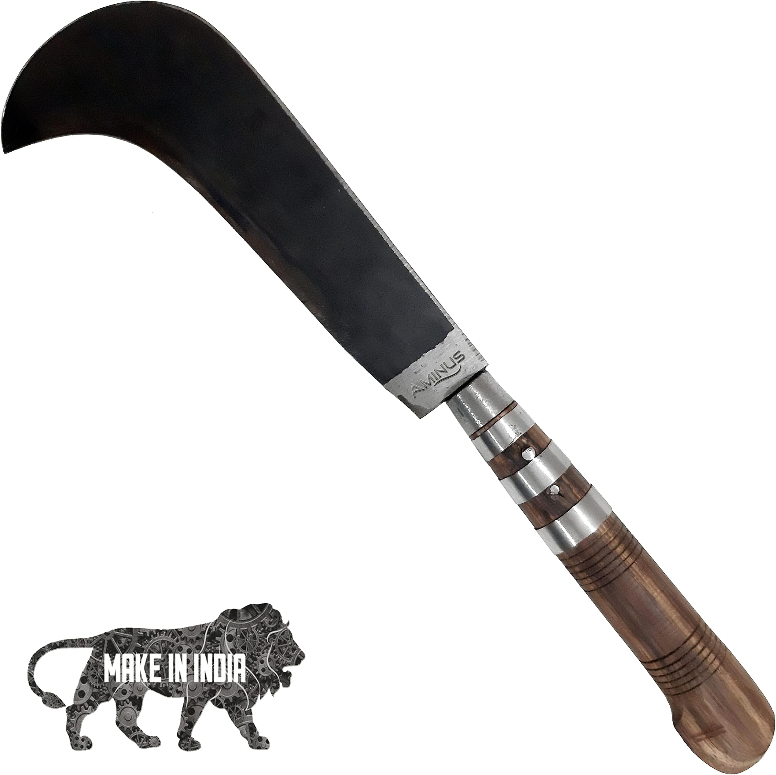 AMINUS Brand - Multi-Purpose Medium Size High Tempered Iron Carbon Steel Traditional Handmade Kozhikkodan Koduval Wooden Gripped Handle Kitchen Knife (8.5-Inch Blade)