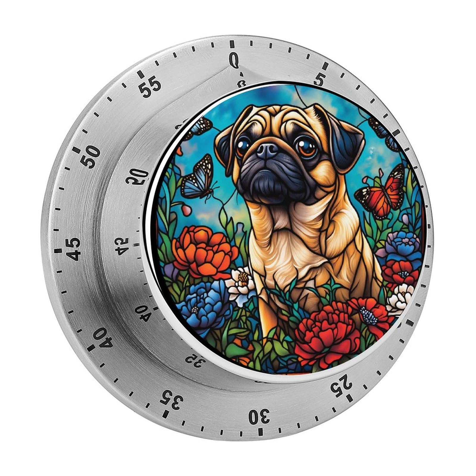 Pug Dog Stained Glass Floral 60 Minute Wind Up Timer,Visual Mechanical Magnetic Timer with Loud Alarm for Kitchen