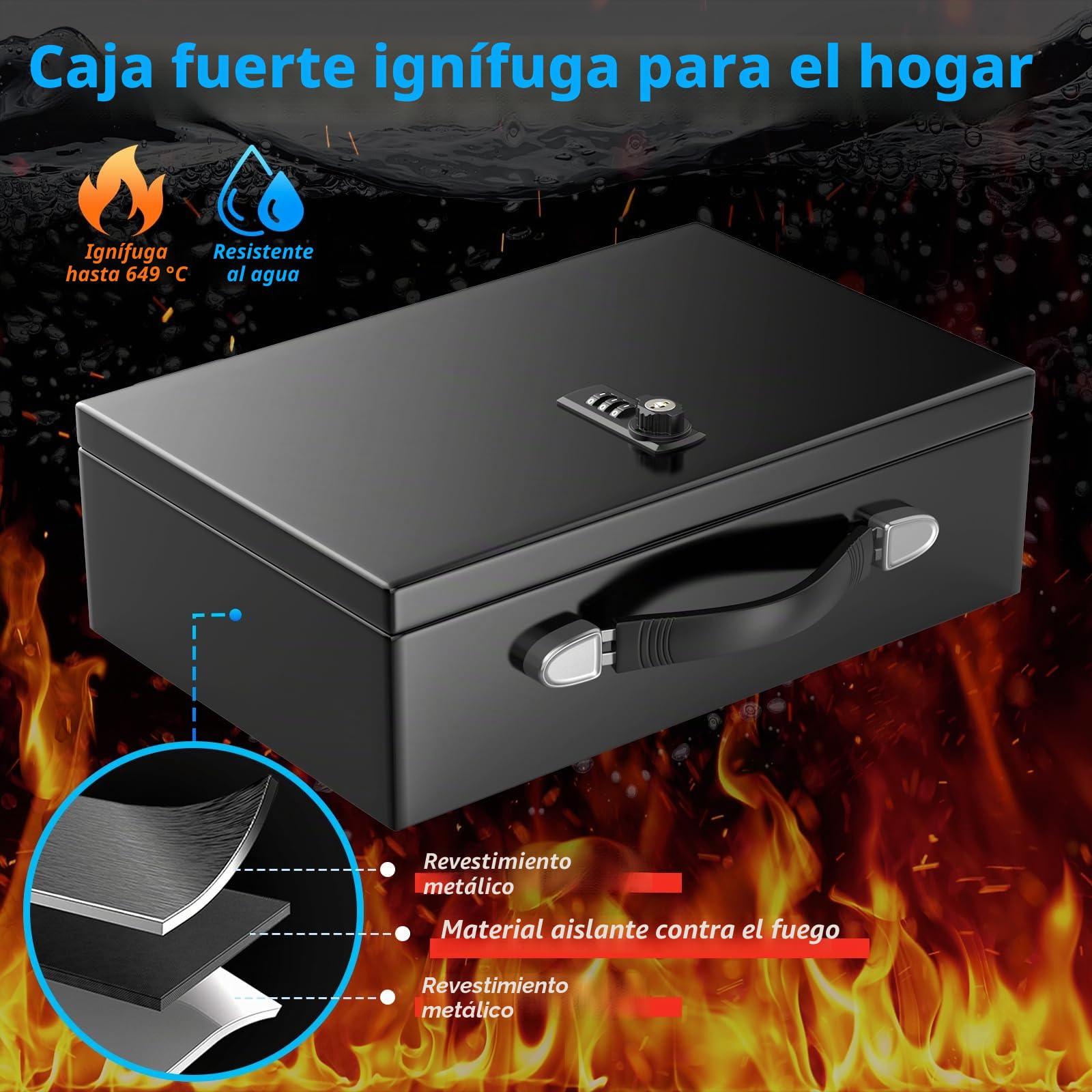 Mejasg Caja de documentos portátil ignífuga con código numérico y llave, caja fuerte de 18 l para el hogar con asa, resistente al fuego, resistente al agua, para dinero en efectivo, medicamentos