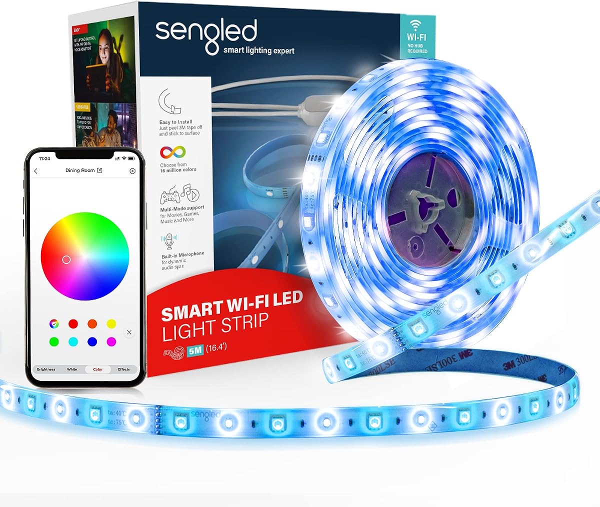 Tira de luces LED inteligentes Sengled, luces LED Wi-Fi de 16.4 pies funcionan con Google Home, 16 millones de colores, RGB, sincronización de música, longitud ajustable, 25,000 horas de vida útil, soporte multimodo para juegos, películas