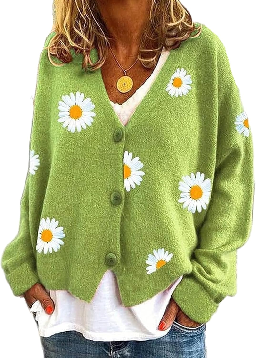 Daisy Flower Cardigan Sweater for Women Button Down Long Sleeve Sweaters Aesthetic 90s Women Sweater Outfits