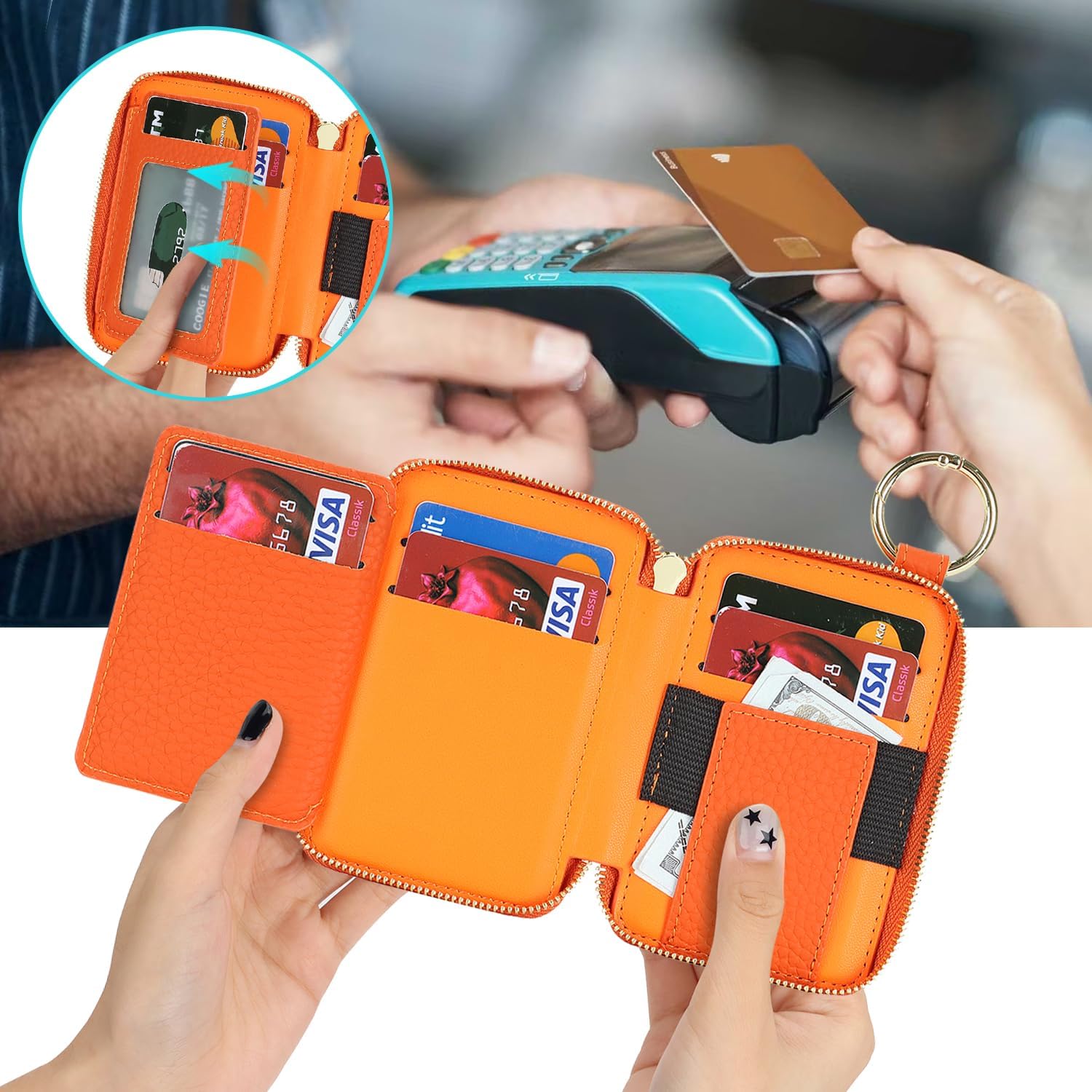 Cavor Compatible with MagSafe Wallet Genuine Leather Cash Wallets for Women, Magnetic Phone Wallet for iPhone 17 Pro Max/16/15/14/13/12, id Credit Card Holder with Mag safe Keychain-Orange