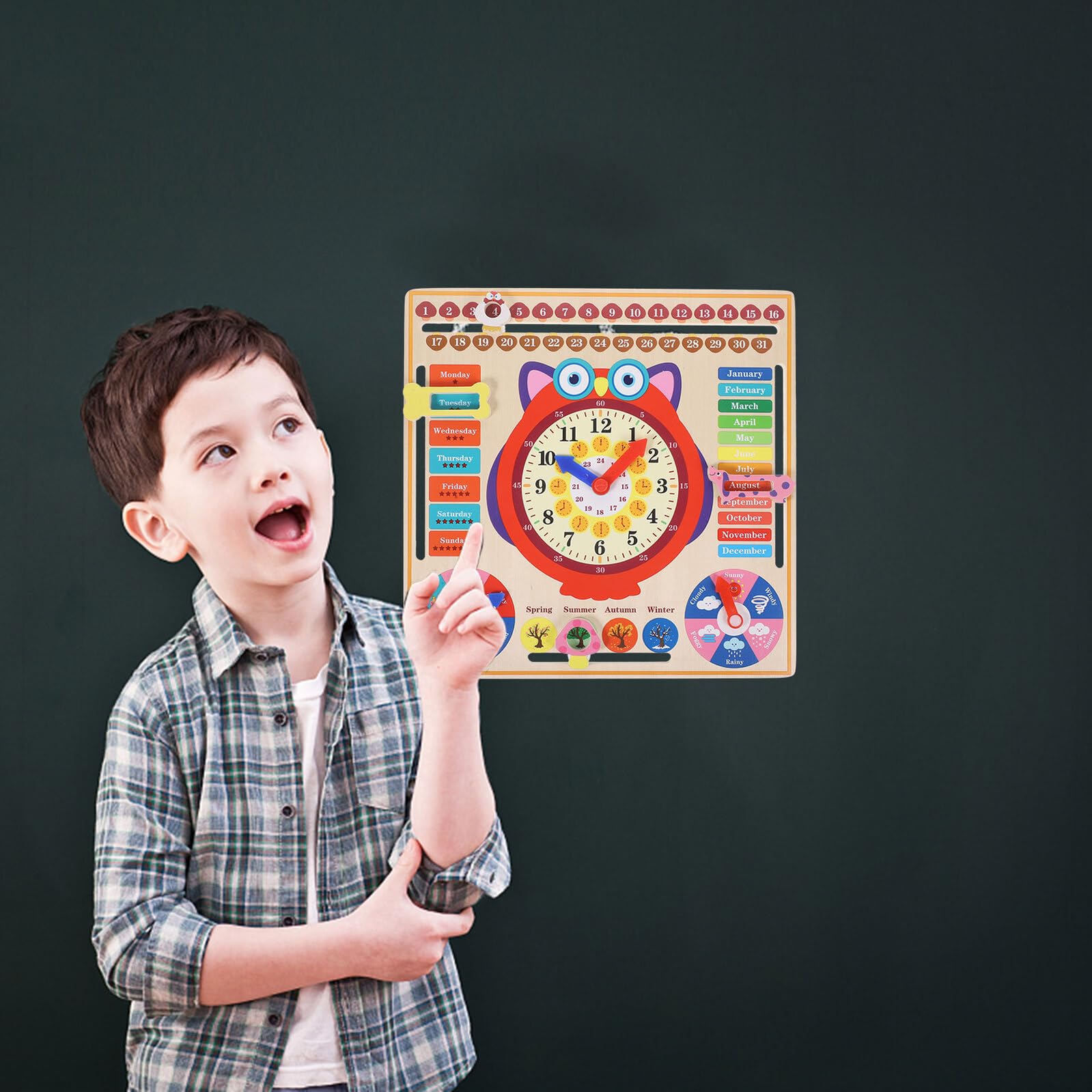 Reloj de Madera Educativo Búho para Juguete Cognitivo Multifunción para Aprender Hora Estaciones y Clima Material Natural Seguro y Duradero