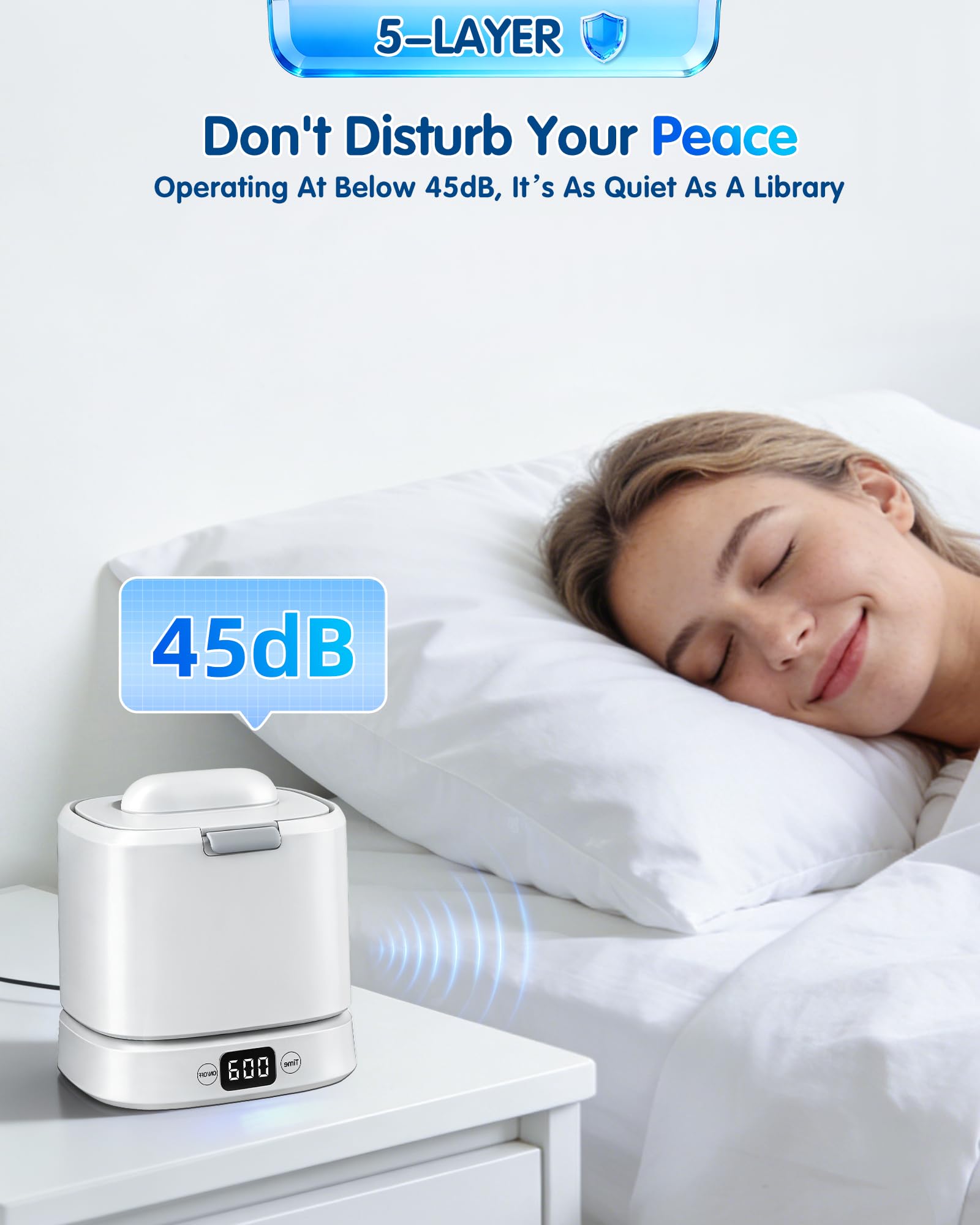 Limpiador ultrasónico de retención, cápsula de limpieza dental UV, limpiador dental de 45 kHz para prótesis, alineador, protector nocturno, joyas, 5 modos, bajo ruido, diseño compacto, gran capacidad