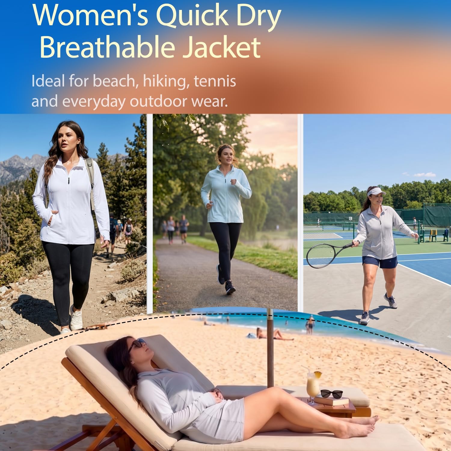 Plus Size Sun Protection Jacket for Women 1X-5X Running Athletic Zip Up Jakcet