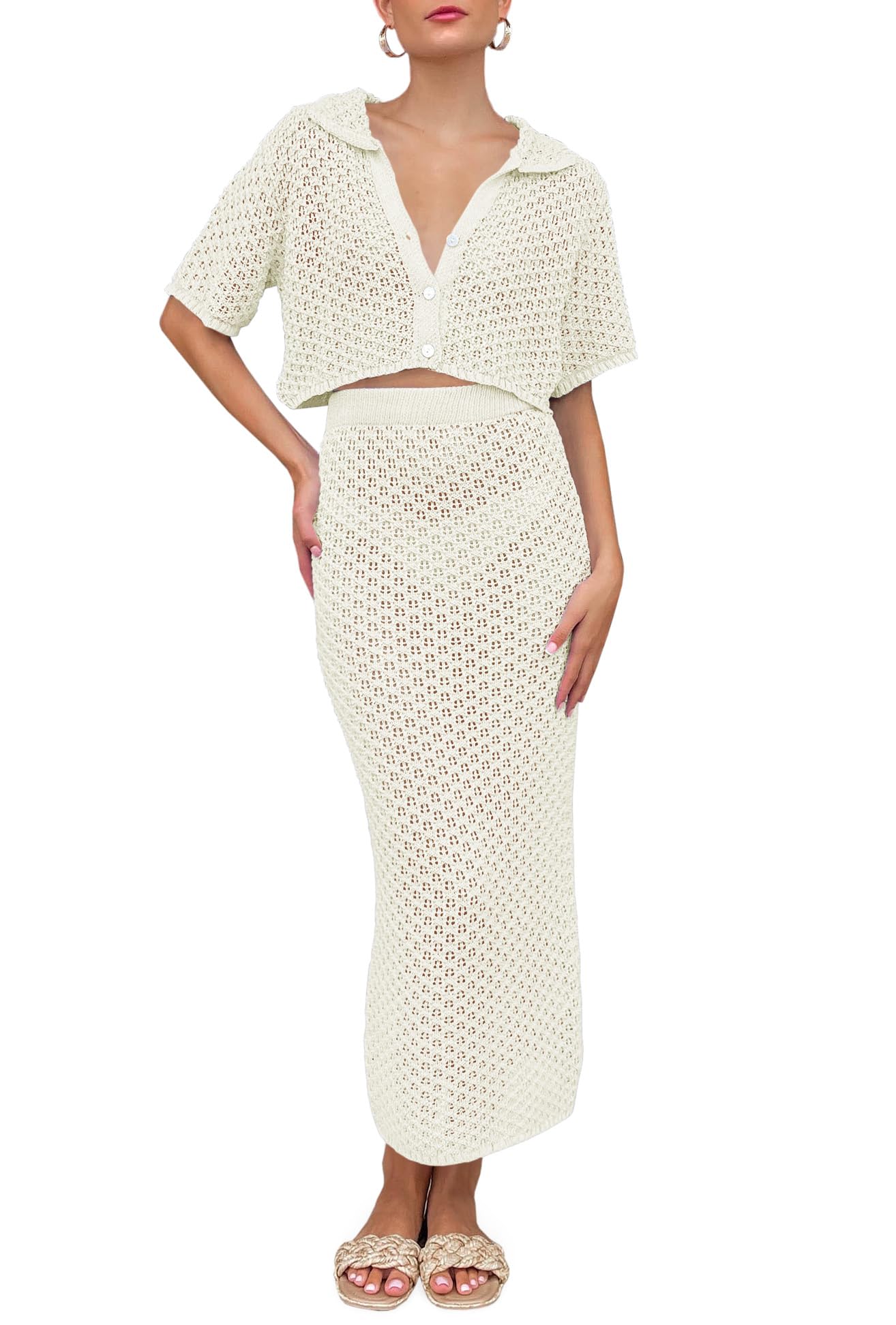 Saodimallsu Women Crochet Beach Cover Up Set Knit Crop Button Short Sleeve Collar Top Bodycon Long Skirt 2 Piece Outfits