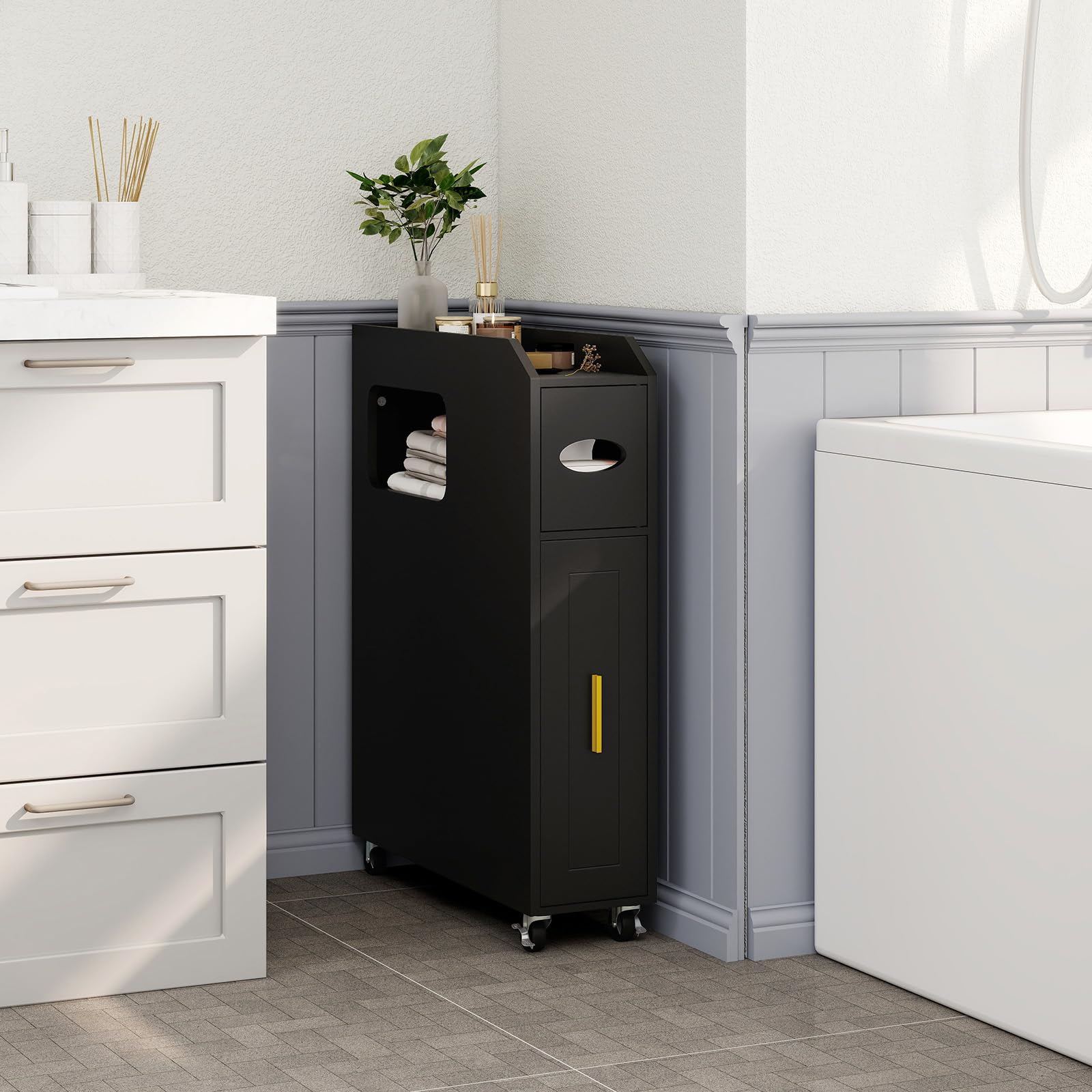 COSTWAY Armario Auxiliar de Baño con Ruedas Bloqueables, Mueble de Baño Estrecho con Cajón Deslizante, Caja de Pañuelos, Soporte para Cepillo de Inodoro para Cocina Salón, 50 x 16 x 69 cm (Negro)