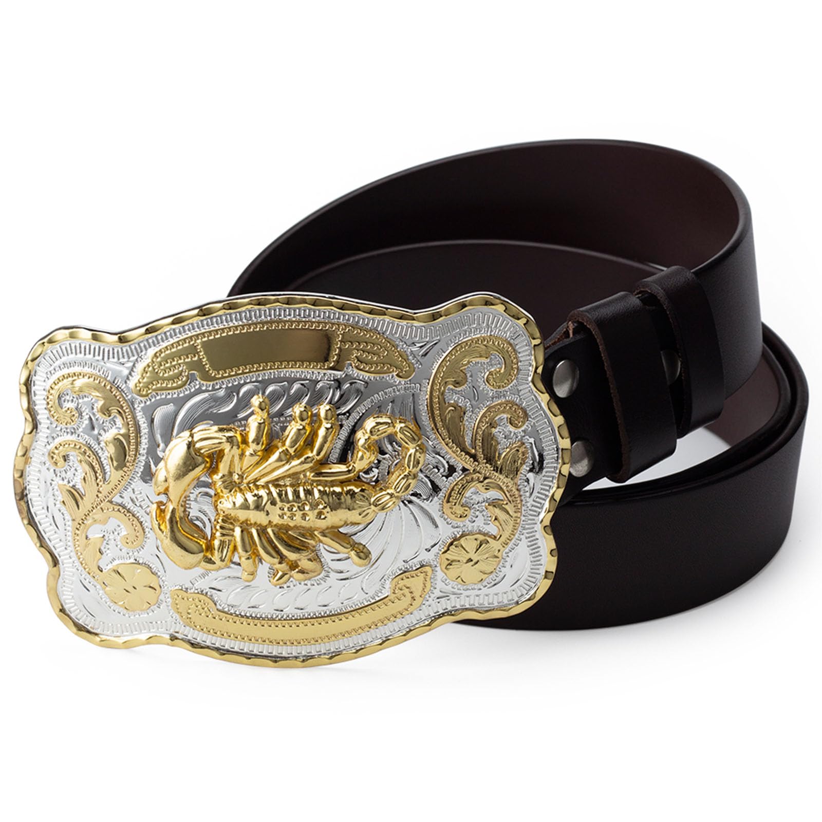 Men's Cowhide Western Belt - Gold Scorpion 3D Buckle, Automatic Ratchet Adjustable, Black/Silver, 125cm (49.2") - View #3