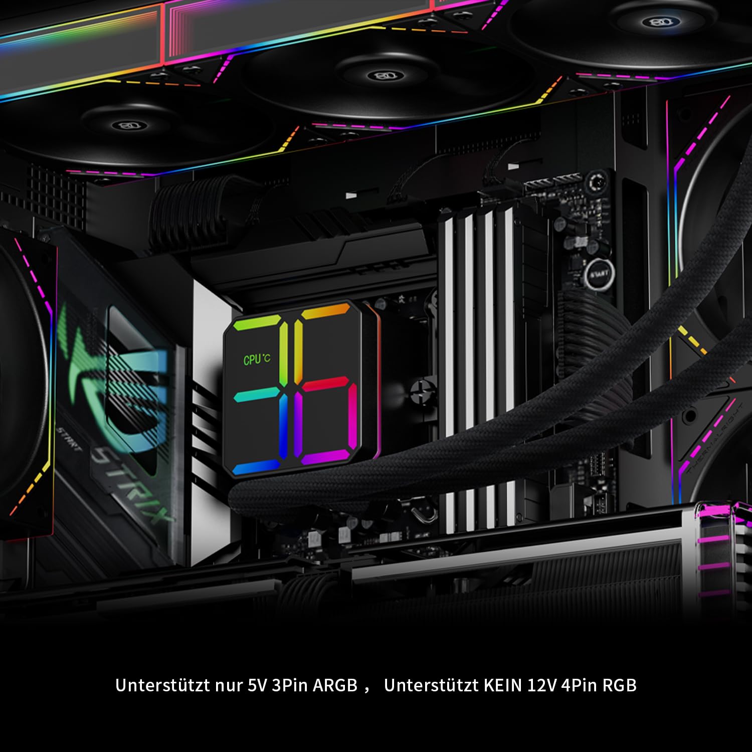TR Magic Qube 360 ARGB Black Liquid CPU Cooler, Building Block Fan with 2000RPM, for AM4/AM5, Intel LGA1150/1151/1200/1700/1851, Temperature Controlled Color Changing Digital Screen