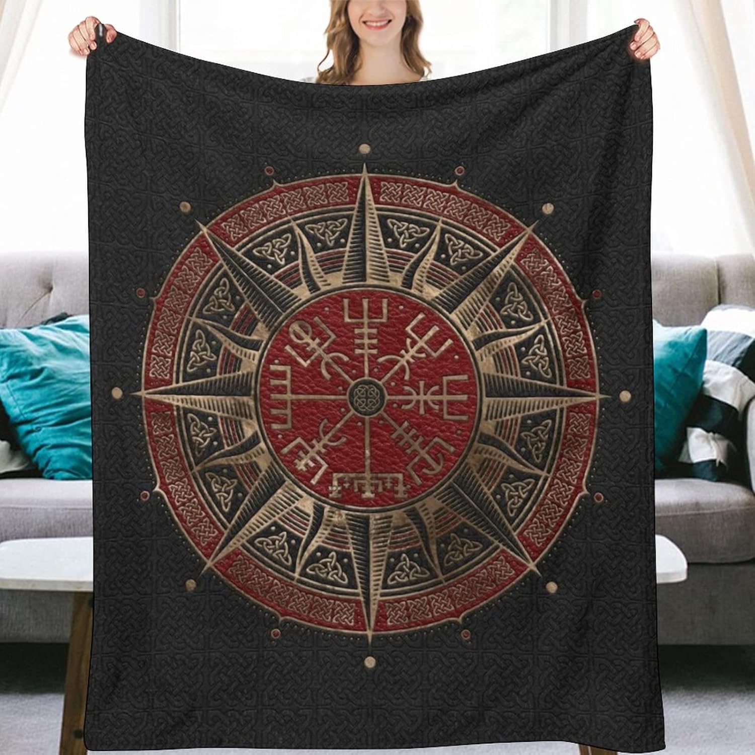 Vegvisir Viking Compass Black Celtic Flannel Fleece Throw Blankets 50"X40" Lightweight Fluffy Winter Fall Blanket Cozy Soft Fuzzy Plush Home Decor for Couch Bed Sofa Bedroom Living Room Travel