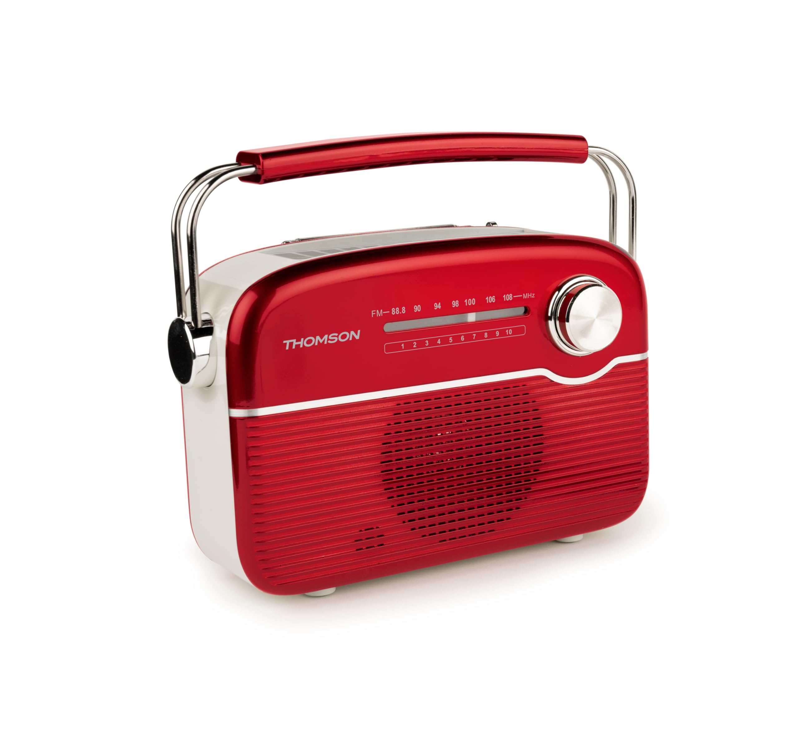 Thomson RT450BTR - Radio FM con Bluetooth y Carga Solar, Antena telescópica, Toma USB-C para Carga, Cable Incluido, Toma AUX 3,5mm, Rojo
