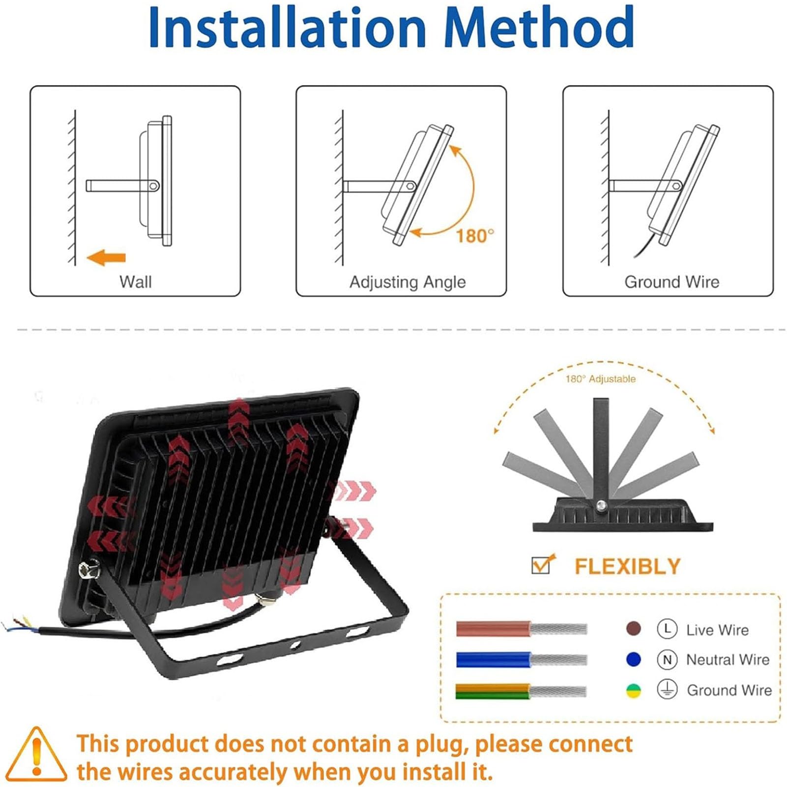 Reflektor zewnętrzny Led Ip66 Wodoodporne okablowanie Światło robocze podwórko, ogród, lampa bezpieczeństwa garażowego (150 W)