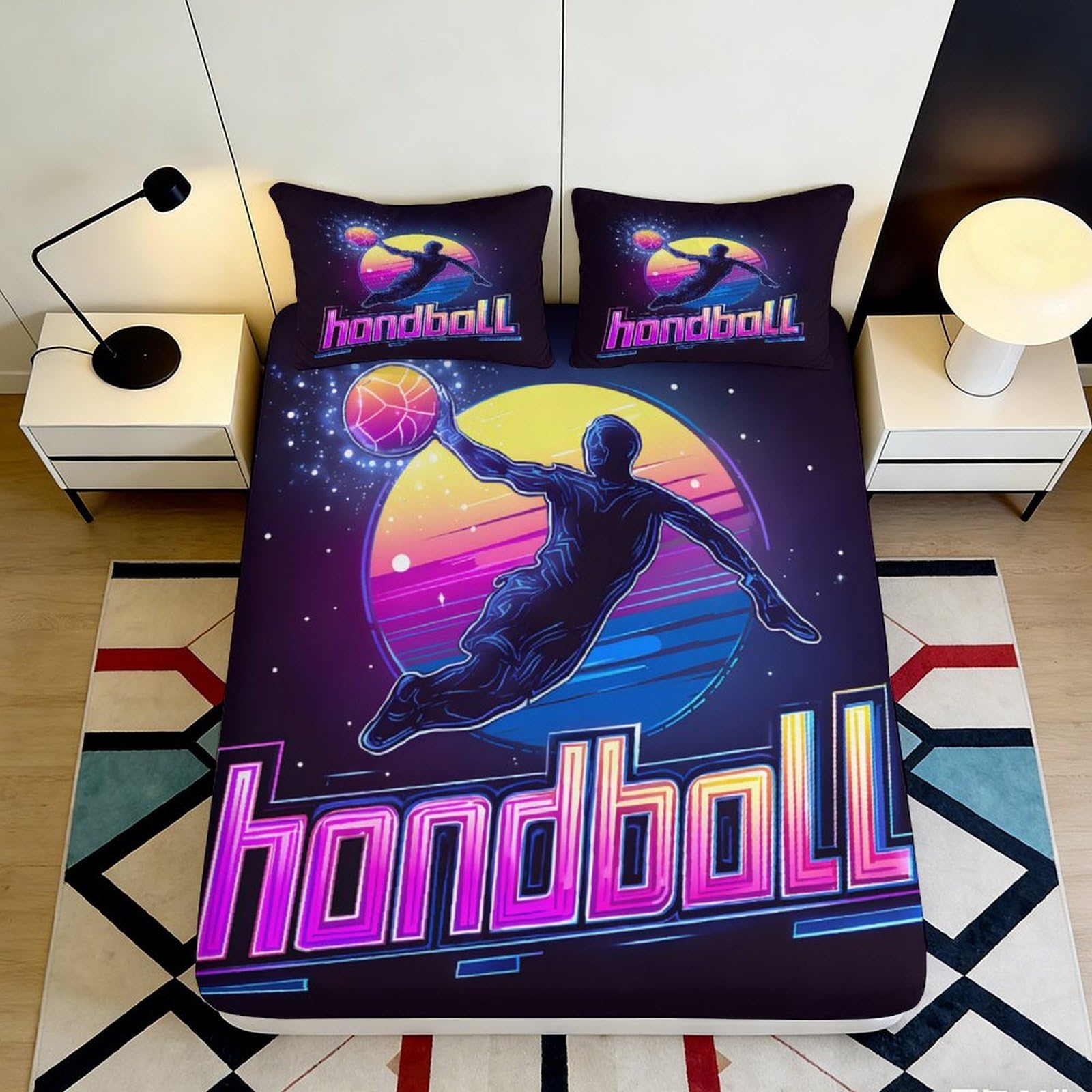 Jqzkxnhpbr Style-10 3D Printed Retro Handball Fitted Sheet Microfiber Soft Breathable Neon Sports Mattress Cover For Bedroom Dorm Decor 90X200x25cm