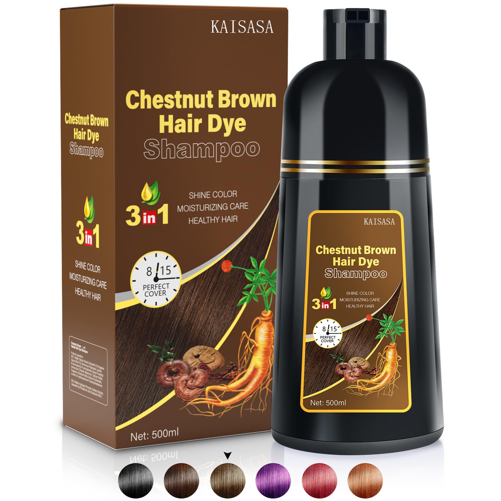 Chestnut Brown Hair Color Shampoo - Instant Herbal 3-in-1 Tinted Shampoo for Gray Hair Coverage, For Women and Men, Long-Lasting 500ML
