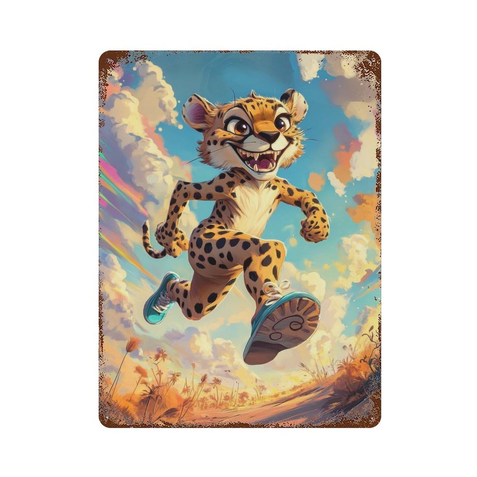 Cheetah Running Rusty Metal Tin Sign 15.7"x11.8", Industrial Home Decor for Garage, Pub Or Kitchen