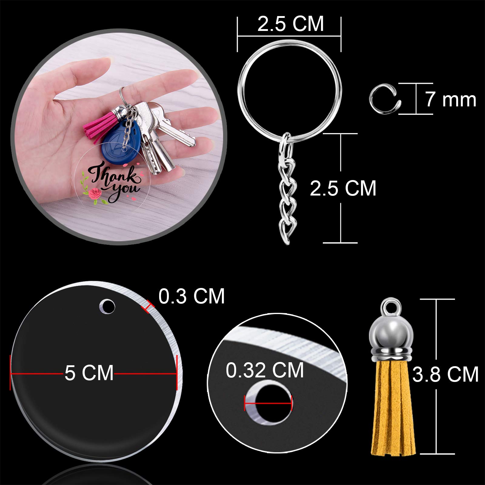 Duufin 120 Pezzi Acrilico Trasparente Rotondo Dischi Portachiavi Kit con Acrilico Cerchio Dischi, Anello con Catena, Anelli Aperti, Nappa in Pelle per DIY Portachiavi Gioielli Accessori