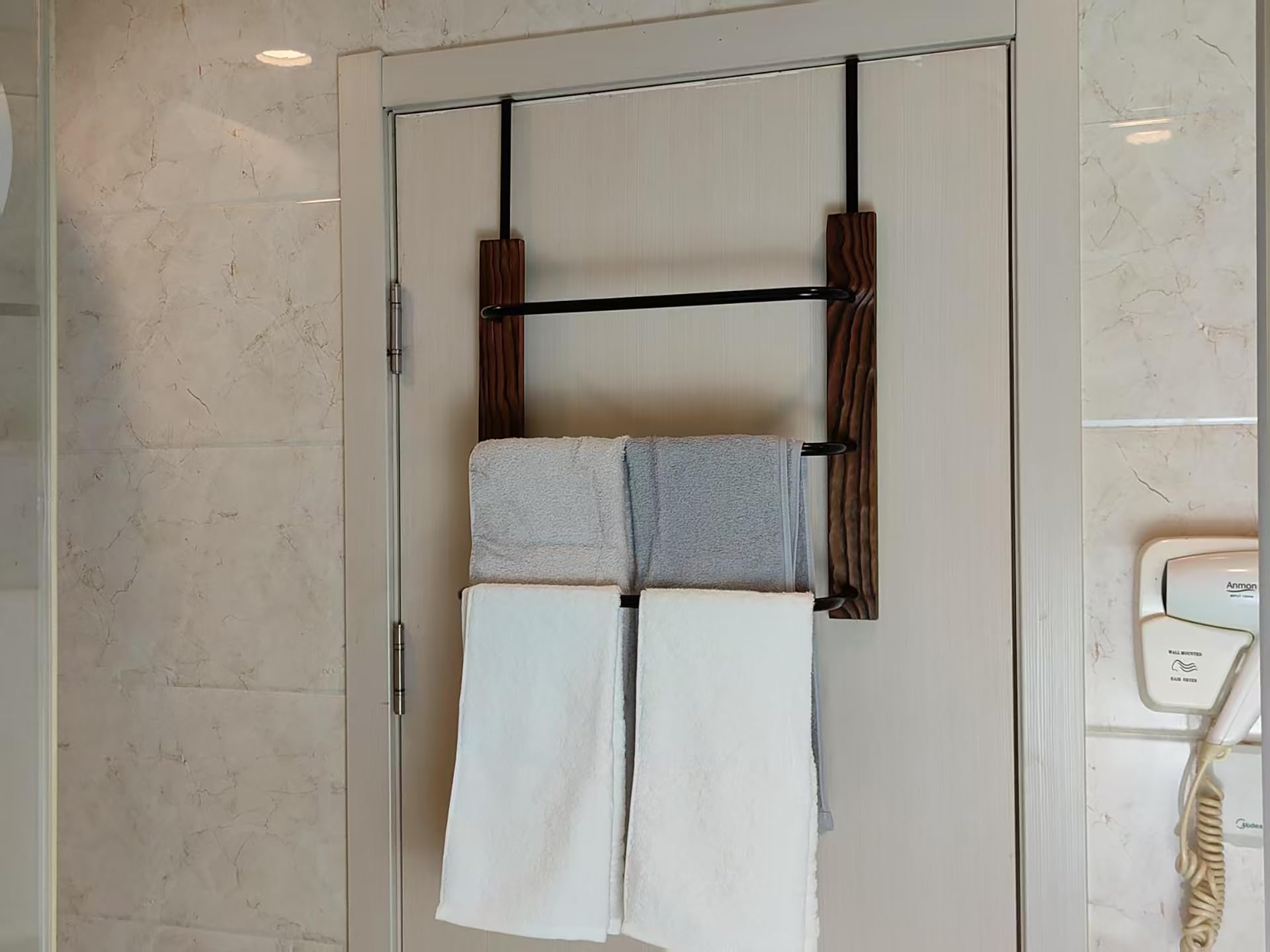 NATUHYZ No Punching Over The Door Towel Rack, 17 Inch 3 Tier Solid Wood and Matte Black Metal Space Saving Bathroom Door Hanging Towel Storage Bar
