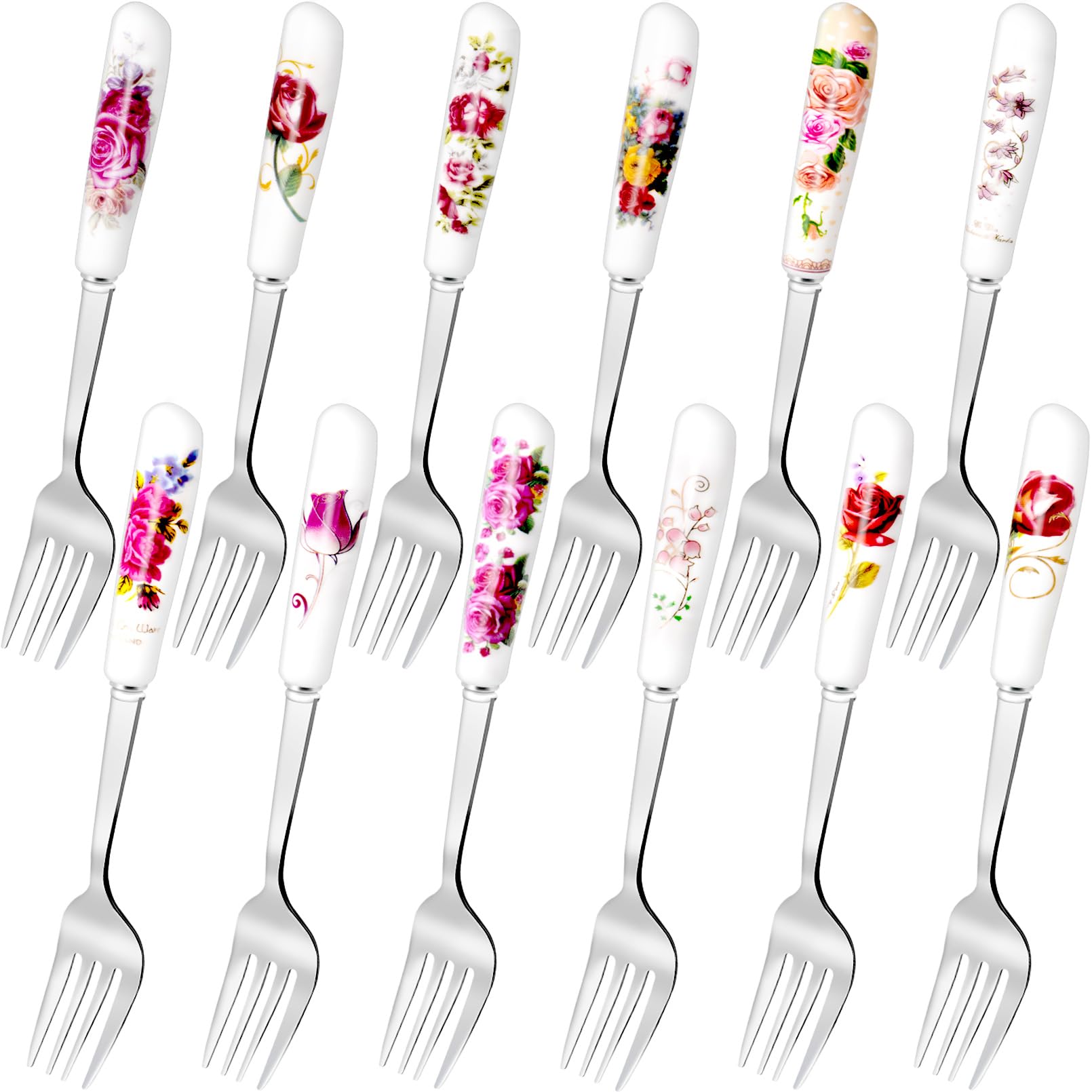 12 Pcs Dinner Forks, Floral Fork with Ceramic Handle, 12 Patterns