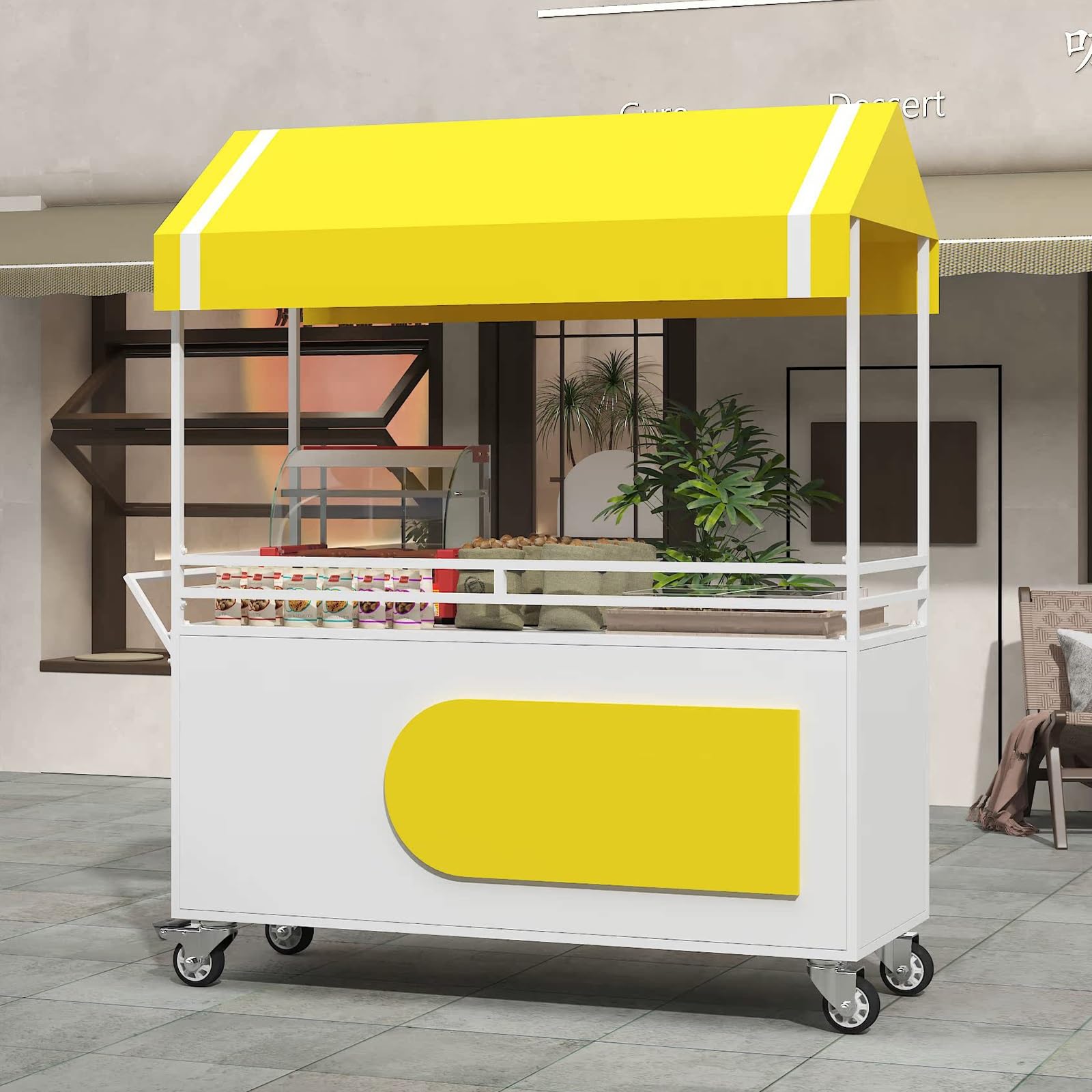 Mobiler Imbisswagen Für Marktstand Verkaufsstand, Tragbarer Wagen Mit Verriegelbaren Rädern Und Überdachung, Metall-Outdoor-Display Mit Großer Ablage Und Stauraum Für Märkte Und Events