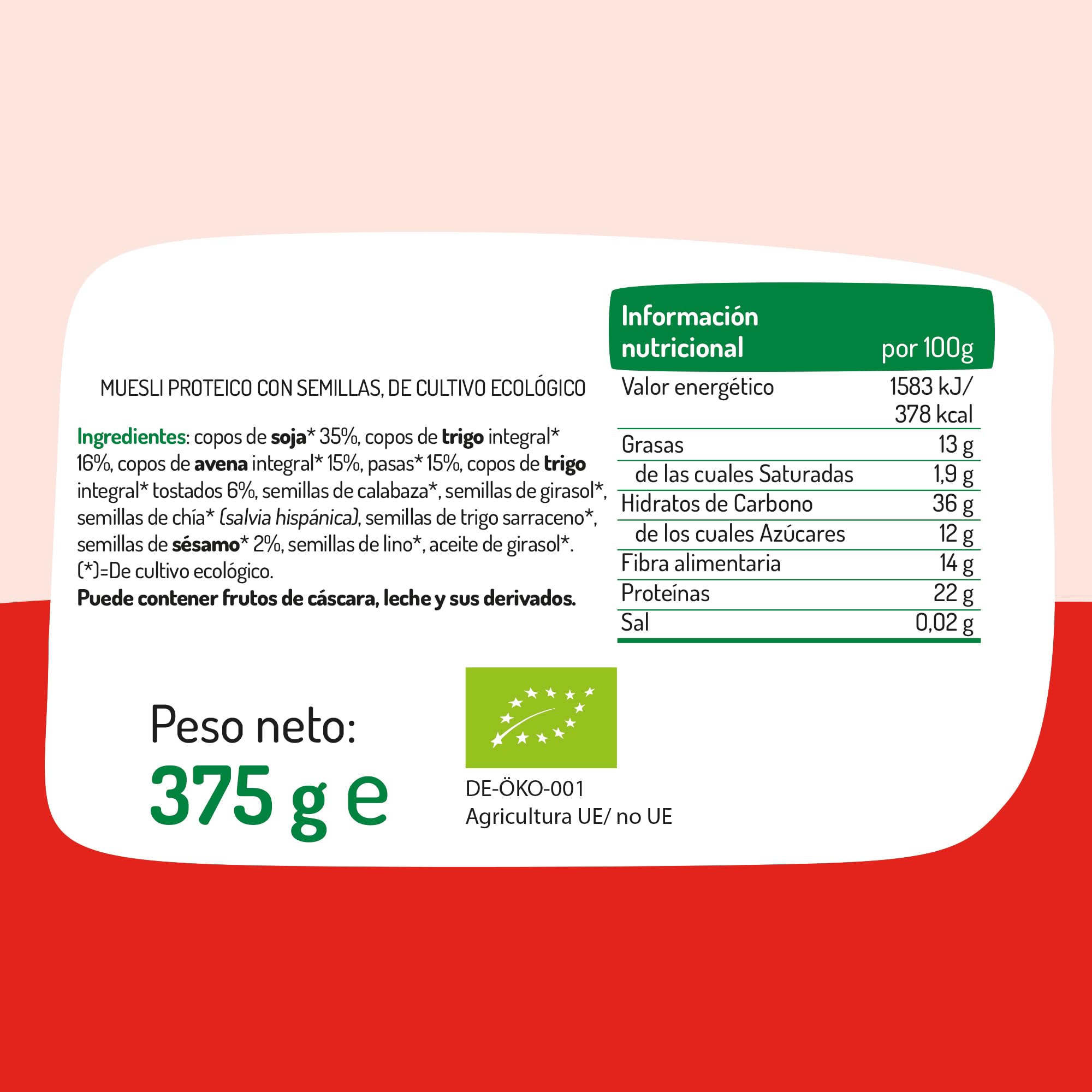 El Granero Integral - Muesli Protein Ecológico 375 g - Copos de Avena y Soja - Alto Contenido en Proteína y Fibra - Aporta una Dosis Extra de Energía - Cereales de Desayuno