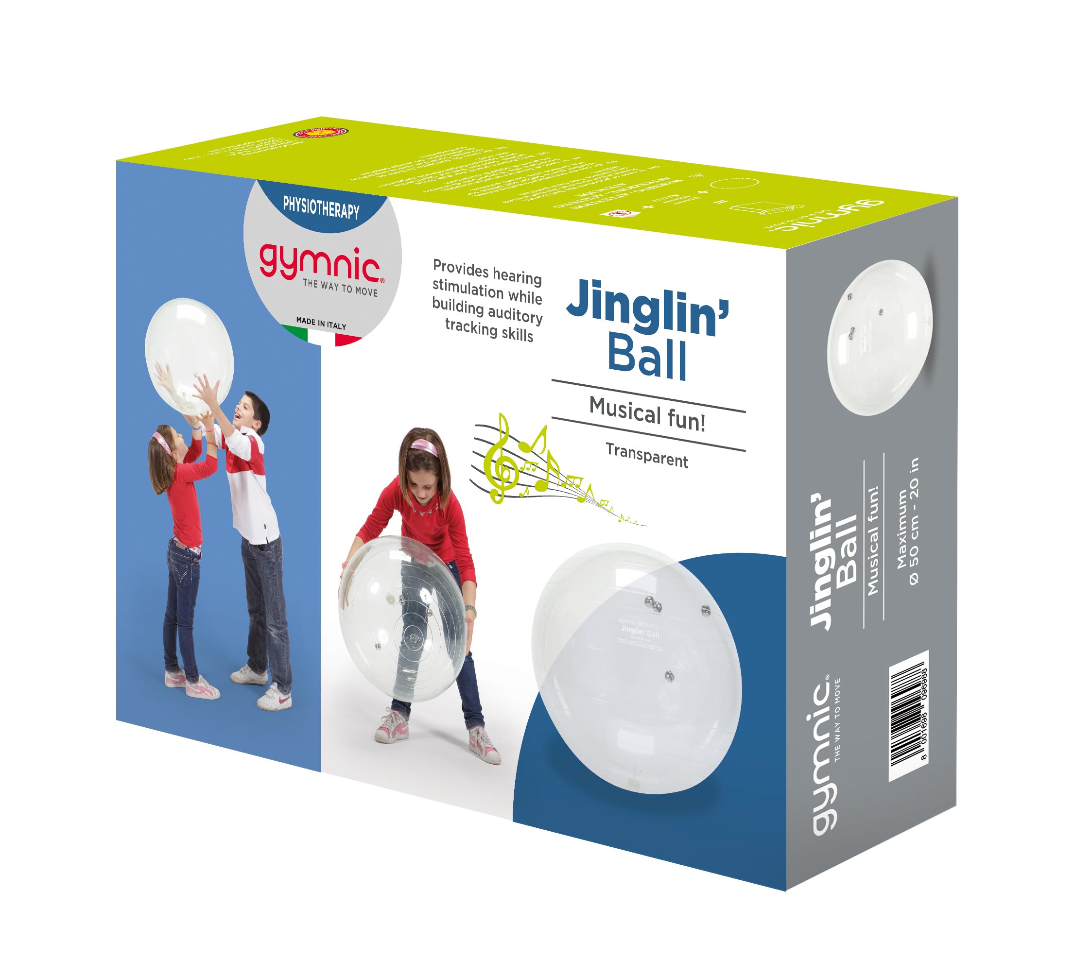 GYMNIC Jinglin’ Ball Palla sonora trasparente Ø 50 cm con campanellini interni, strumento terapeutico e ludico per sviluppare percezione, coordinazione e movimento