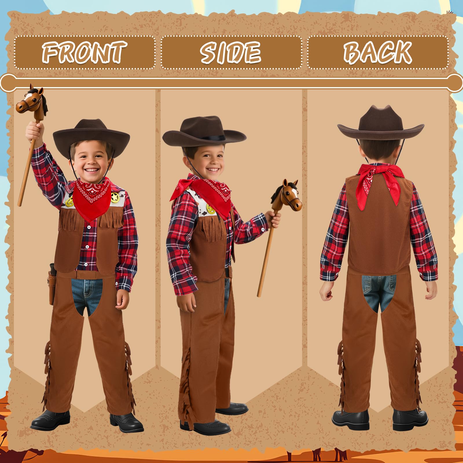 deAO Cowboy Costume Set for Kids Children's Western Cowboy Accessories with Hat Vest Fancy Dress Costumes - Image 3