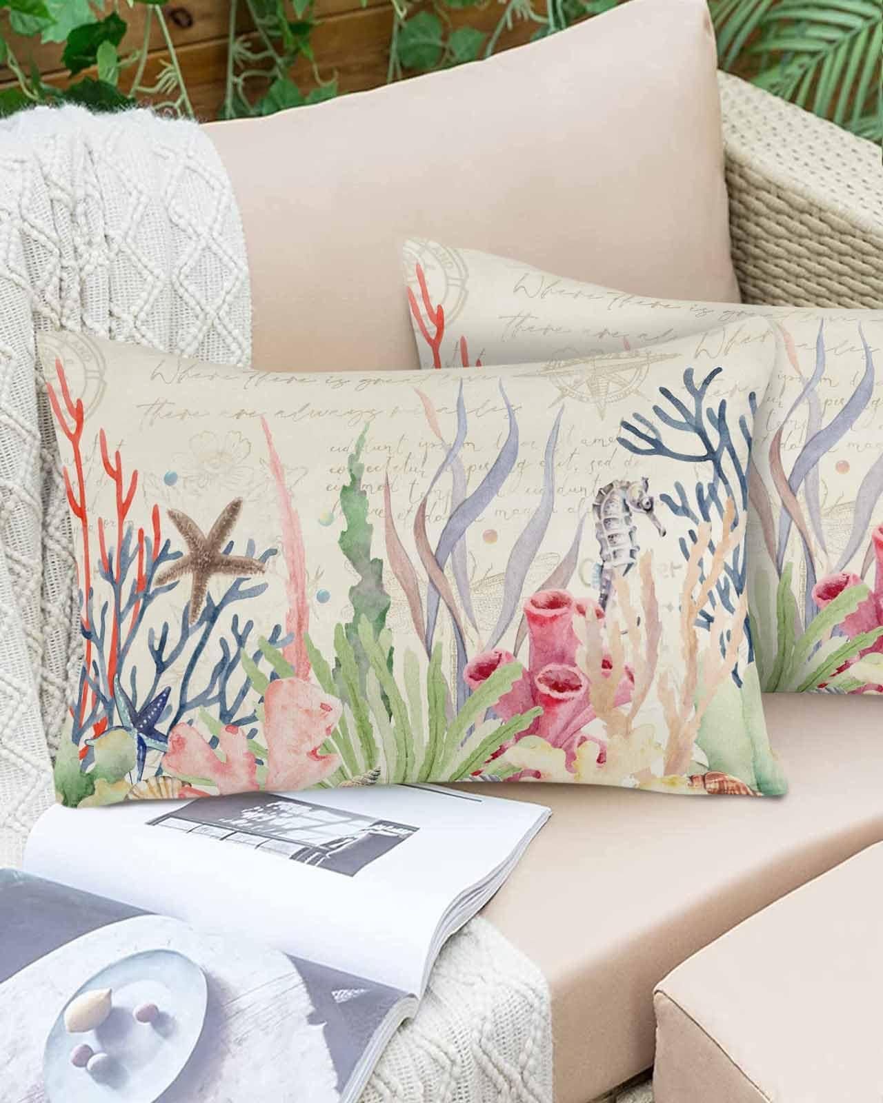 Boanket Lumbar Pillow Covers 12 x 20 in, Coastal Coral Waterproof Throw Pillow Cover Set of 2, Summer Seaside Nautical Coral Vintage Home Decorative Rectangle Cushion Covers for Patio/Couch/Garden