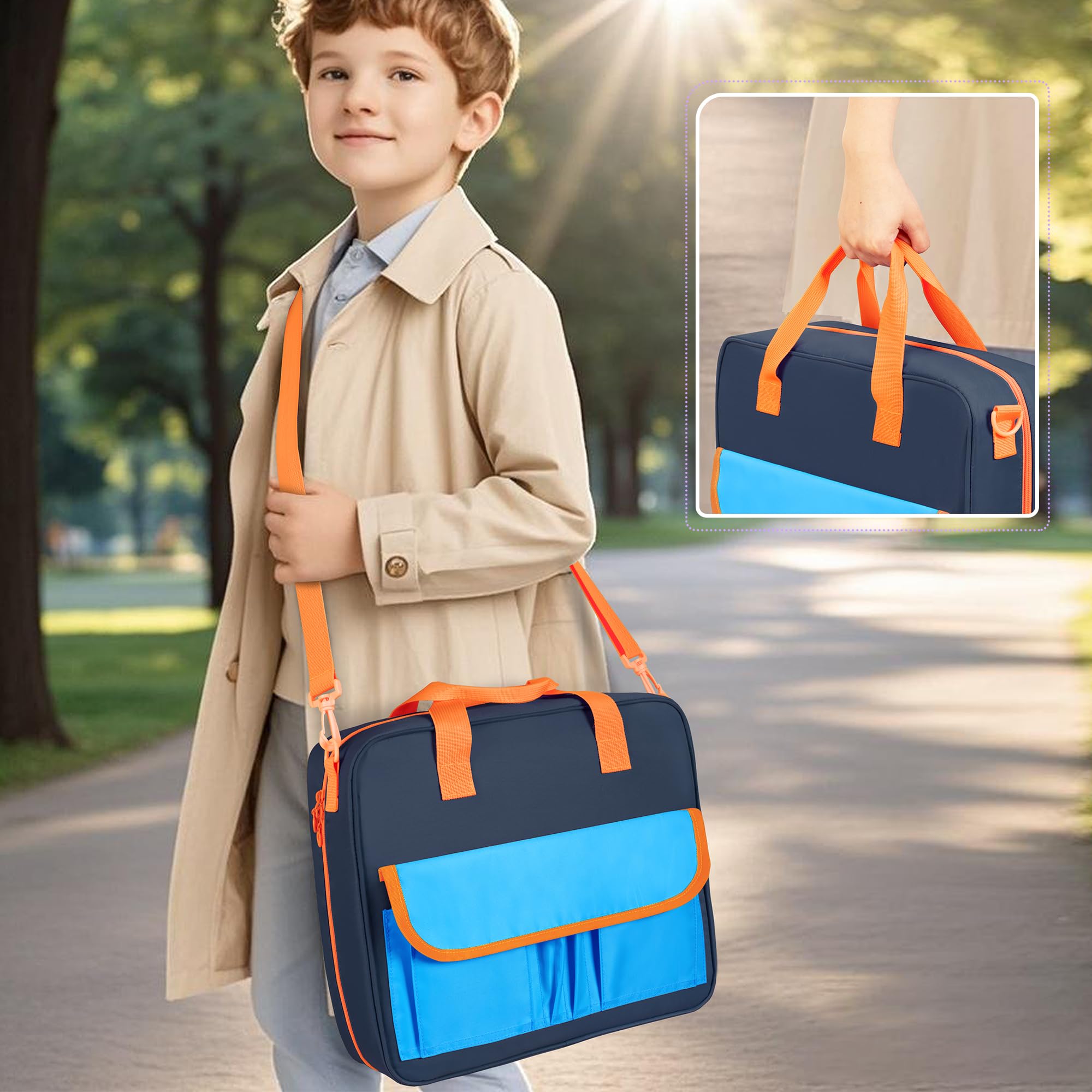 YARWO Ringordner Tasche für Jungen Mädchen 3 Ring Ordner für 500 Blätter mit ausziehbaren Fächern verstellbarer Trageriemen Akkordeon Organizer passend für 13" Laptop, Lern Tablet Schreibwaren, Marine