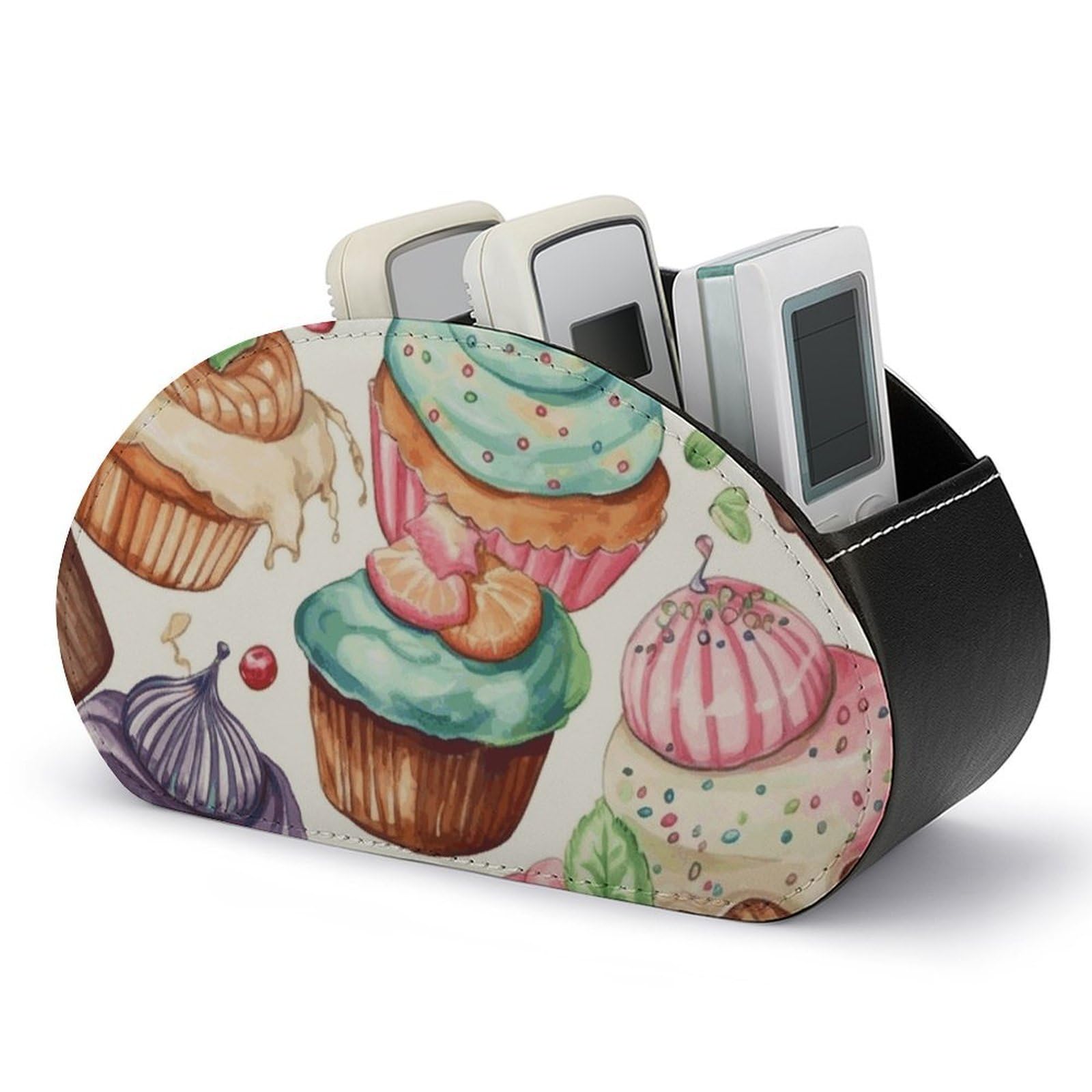 VstaDank Cupcakes Donuts Muffins Sugar Remote Control Holder with 5 Compartments PU Leather Remote Caddy Desktop Organizer Store TV Remote Control Storage Box for Home Office Desk Nightstand