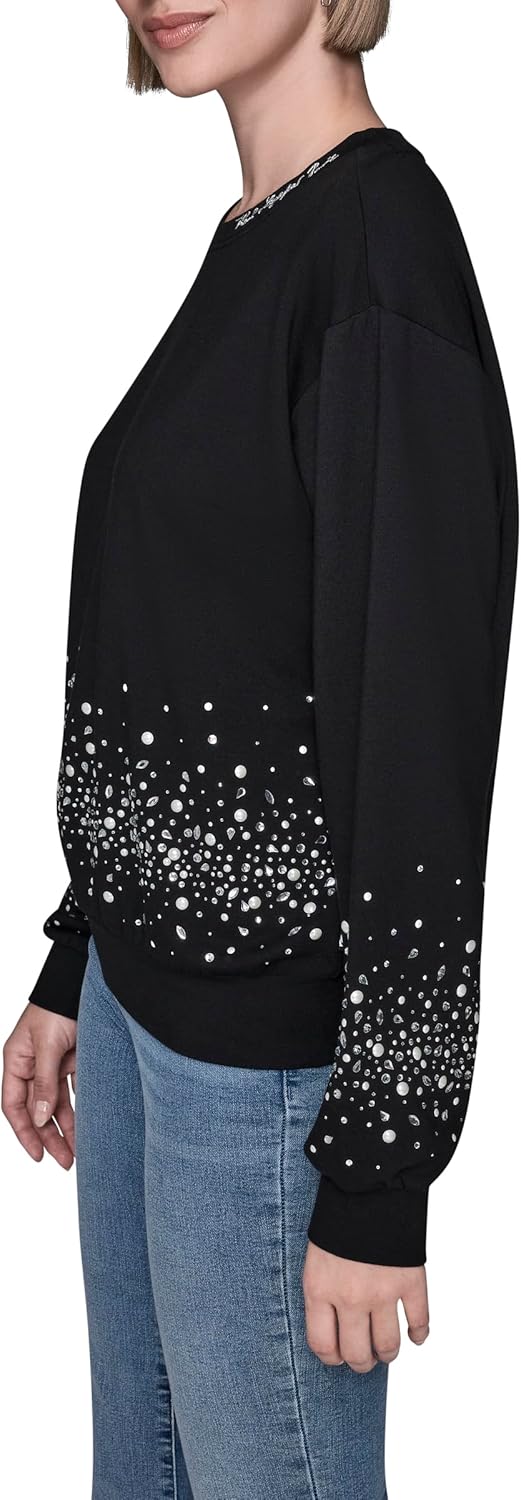 KARL LAGERFELD womens Long Sleeve Crew Neck Bejewled French Terry Sweatshirt - Image 2