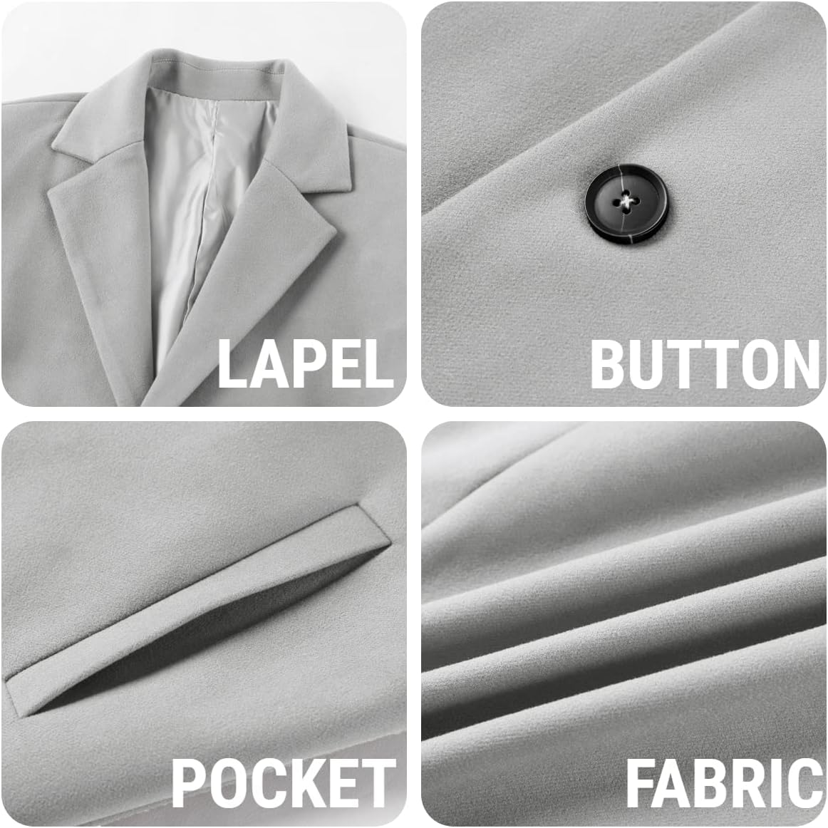 PASLTER Mens Trench Coat Slim Fit Notched Collar Fall Winter Single Breasted Pea Coat Warm Soft Overcoat - Image 5