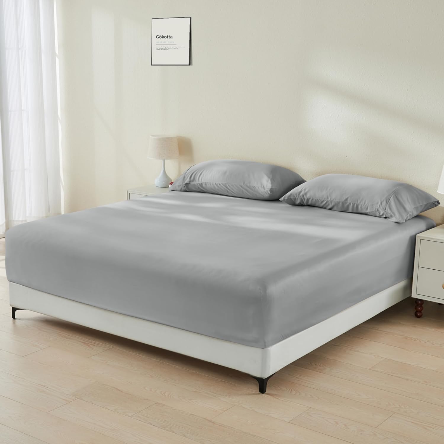 GOKOTTA Bamboo Rayon Sheet Queen Set - Super Soft Cooling with 4 Elastic Corner Straps, Pocket Fitted Sheet, Pillow Cases