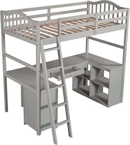 Miniatura 9 de Merax Cama tipo loft de madera de tamaño individual con escritorio/2 cajones/gabinete/4 estantes, cama loft multifuncional con escalera y