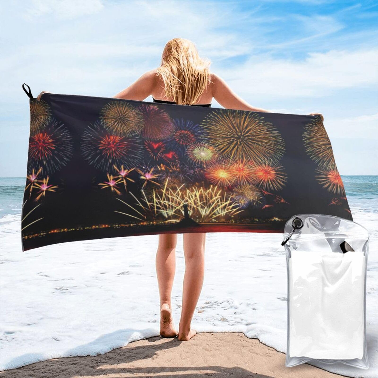 WYCZHY Fireworks Print Beach Towel Soft Quick Dry For Spa Pool Gym Vacation Travelers Women Men Adults Sauna Gift