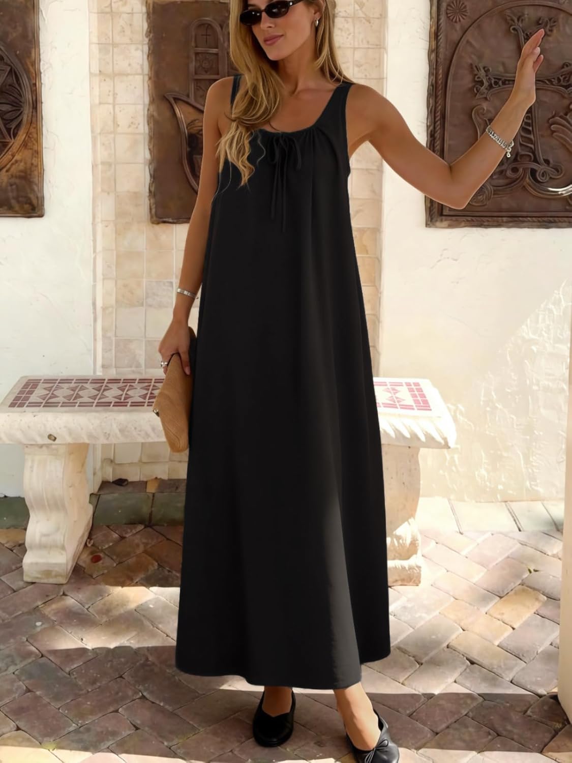 Womens Summer Linen Maxi Dress Drawstring Tank Sundress with Pockets 2026 Casual Boho Beach Vacation Flowy Dresses