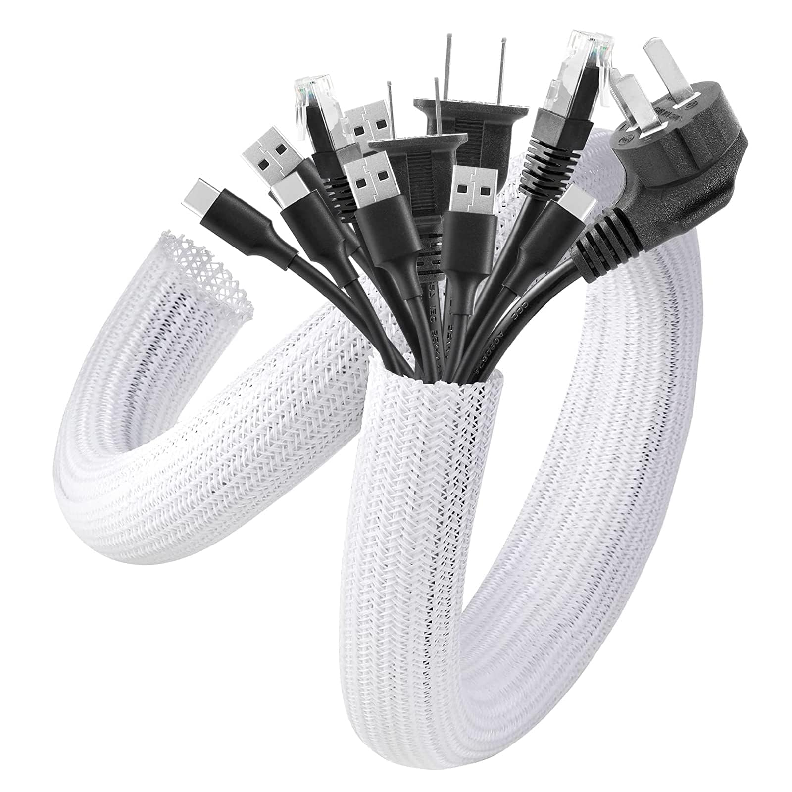 AGPTEK Cable Management Sleeve, 2 Pack 5ft - 1.8 inch Cord Hider, White