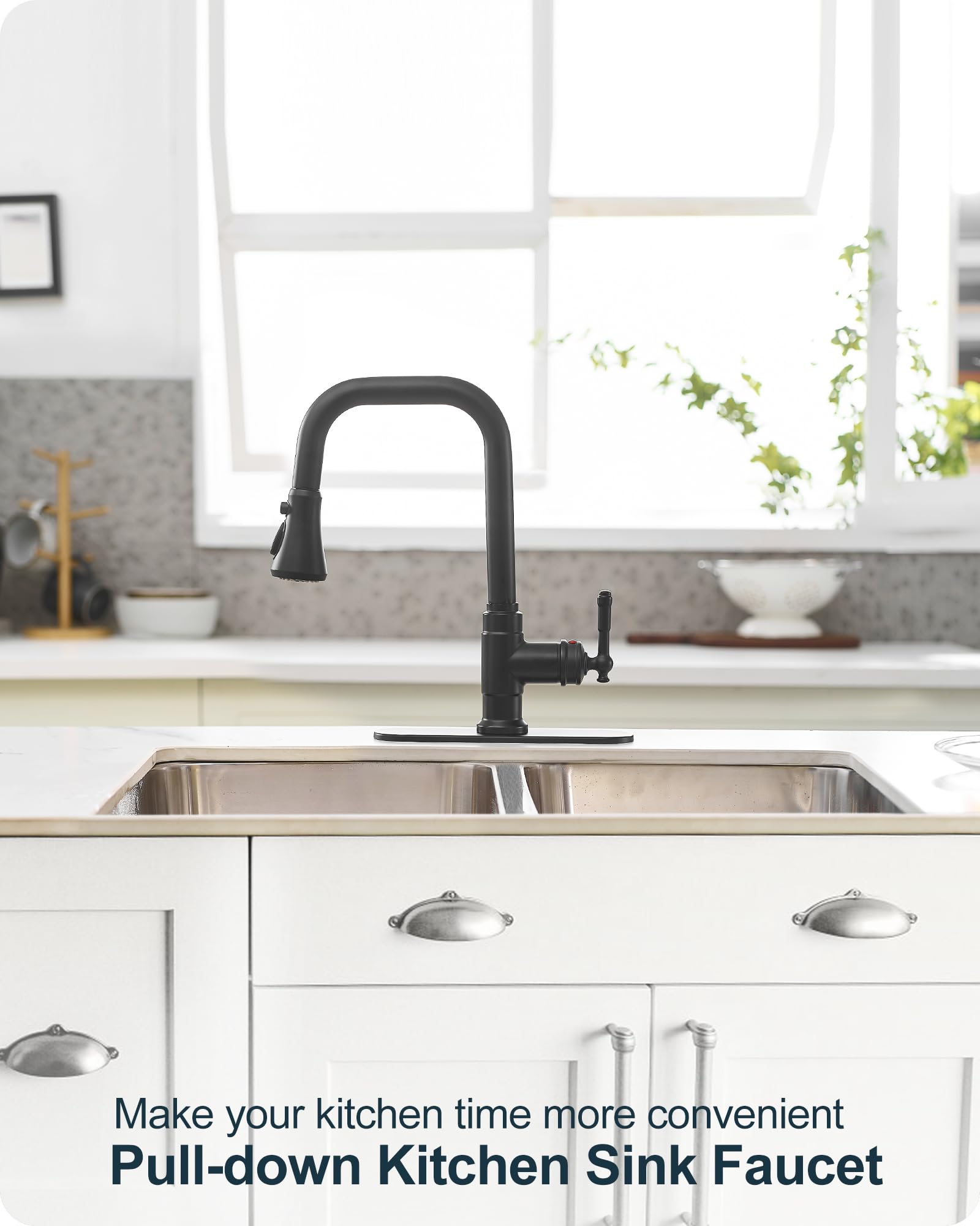 Grifo de fregadero de cocina negro de 3 funciones, grifos de cocina con pulverizador extraíble, grifo de cocina giratorio de 360 grados, grifo de cocina de 3 agujeros, grifo de cocina de un