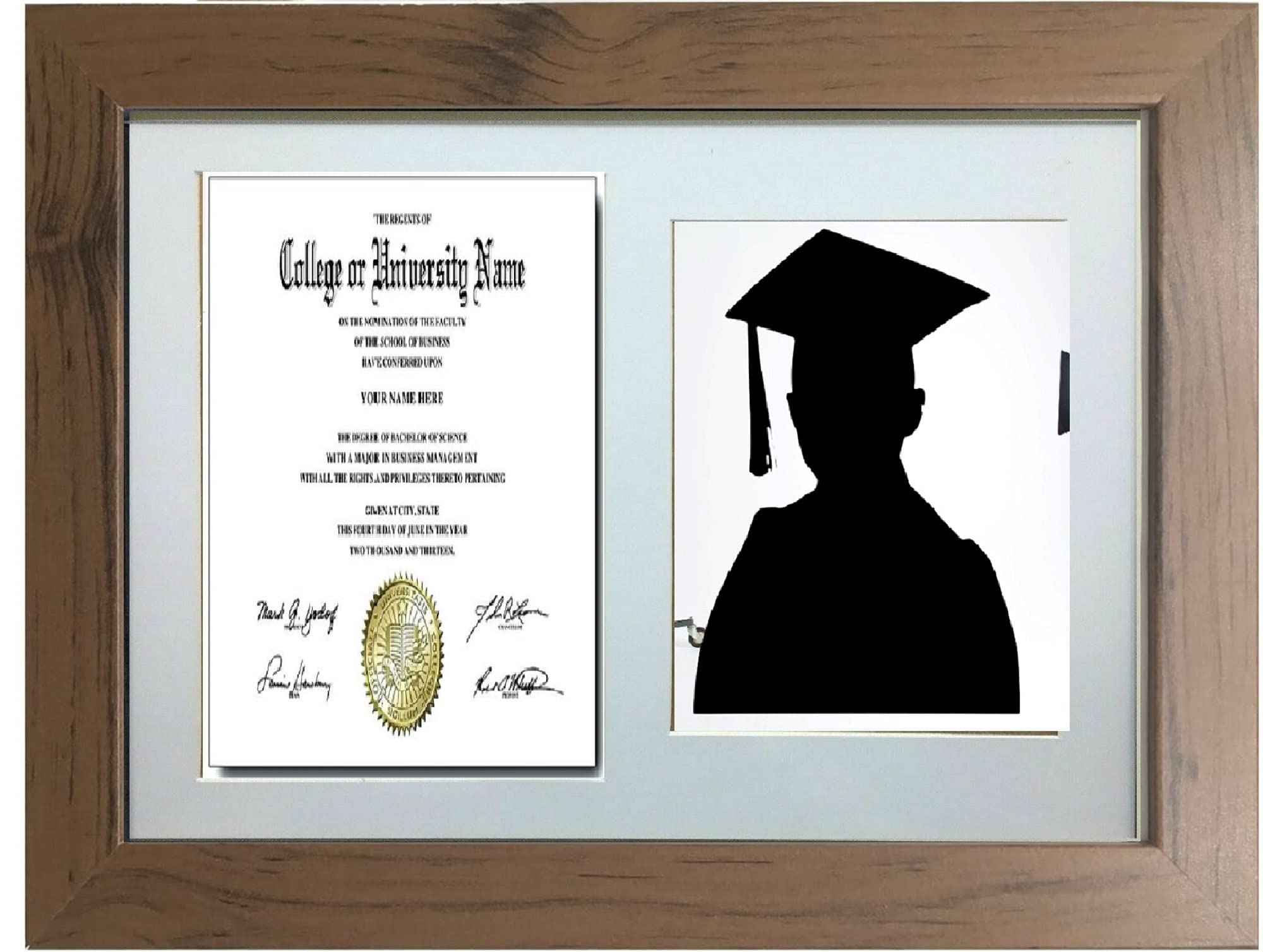 Walnut Graduation White Mounted Double Photo Frame For 1 A4 Certificate And 8X10'' Photograph (Walnut)