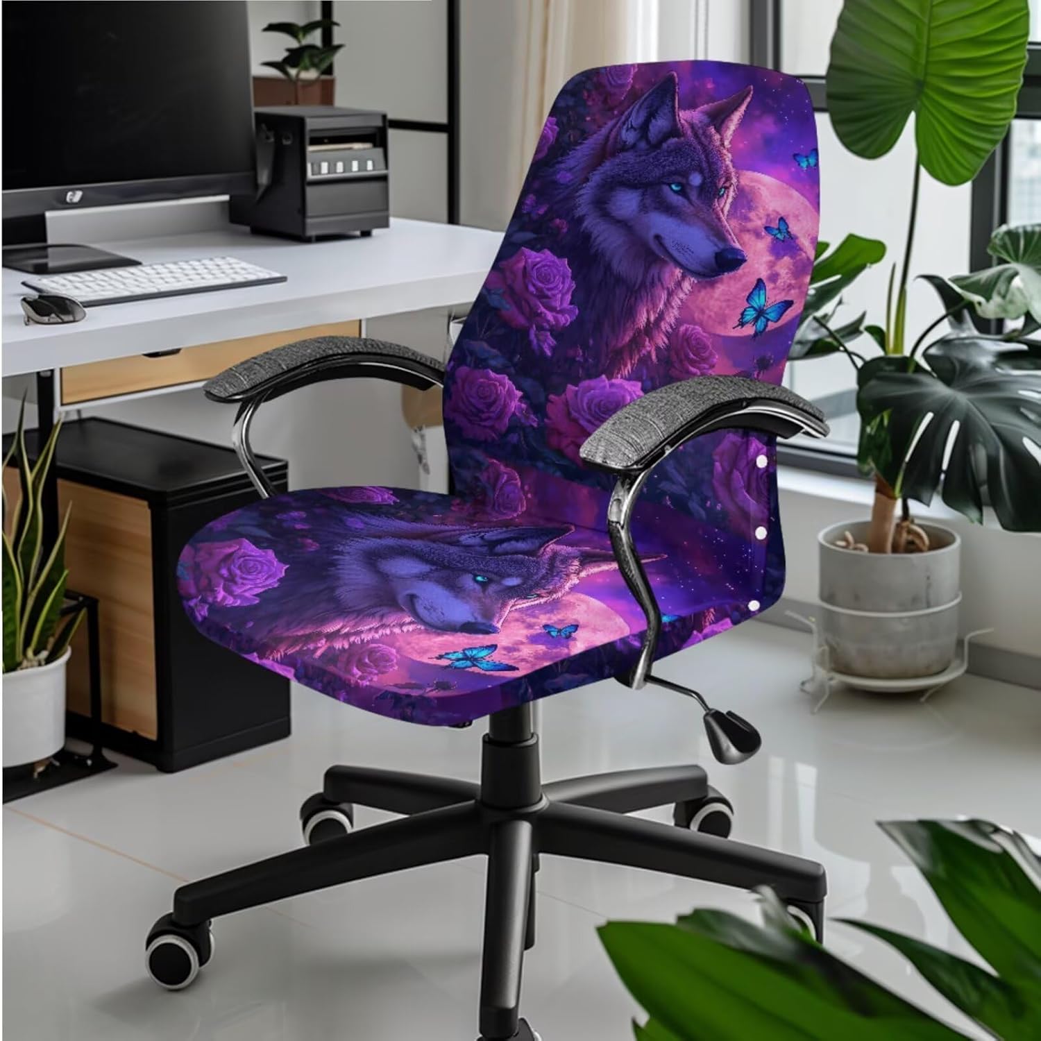 Wolf Purple Wolf Office Chair Seat Covers 3 Pack Office Chair Cover with Arm Rest Cover Stretchable Computer Chair Covers Washable Large