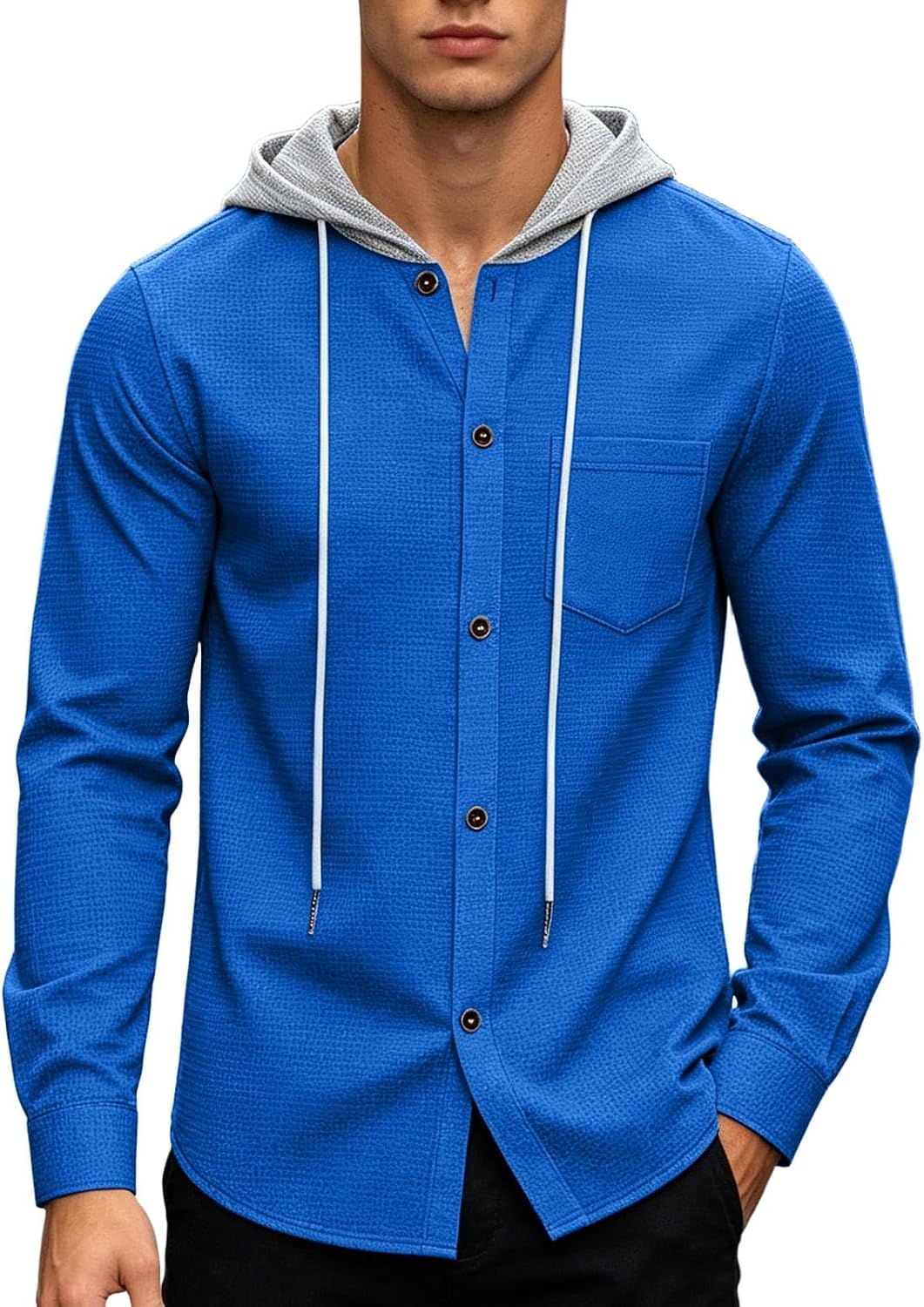 Hoodies for Men Button Down Waffle Sweatshirt Jackets | Men's Lightweight Athletic Jacket Casual Loose Fit Coat Long Sleeve Color Block Jacket Stylish Fall Coat with Chest Pockets