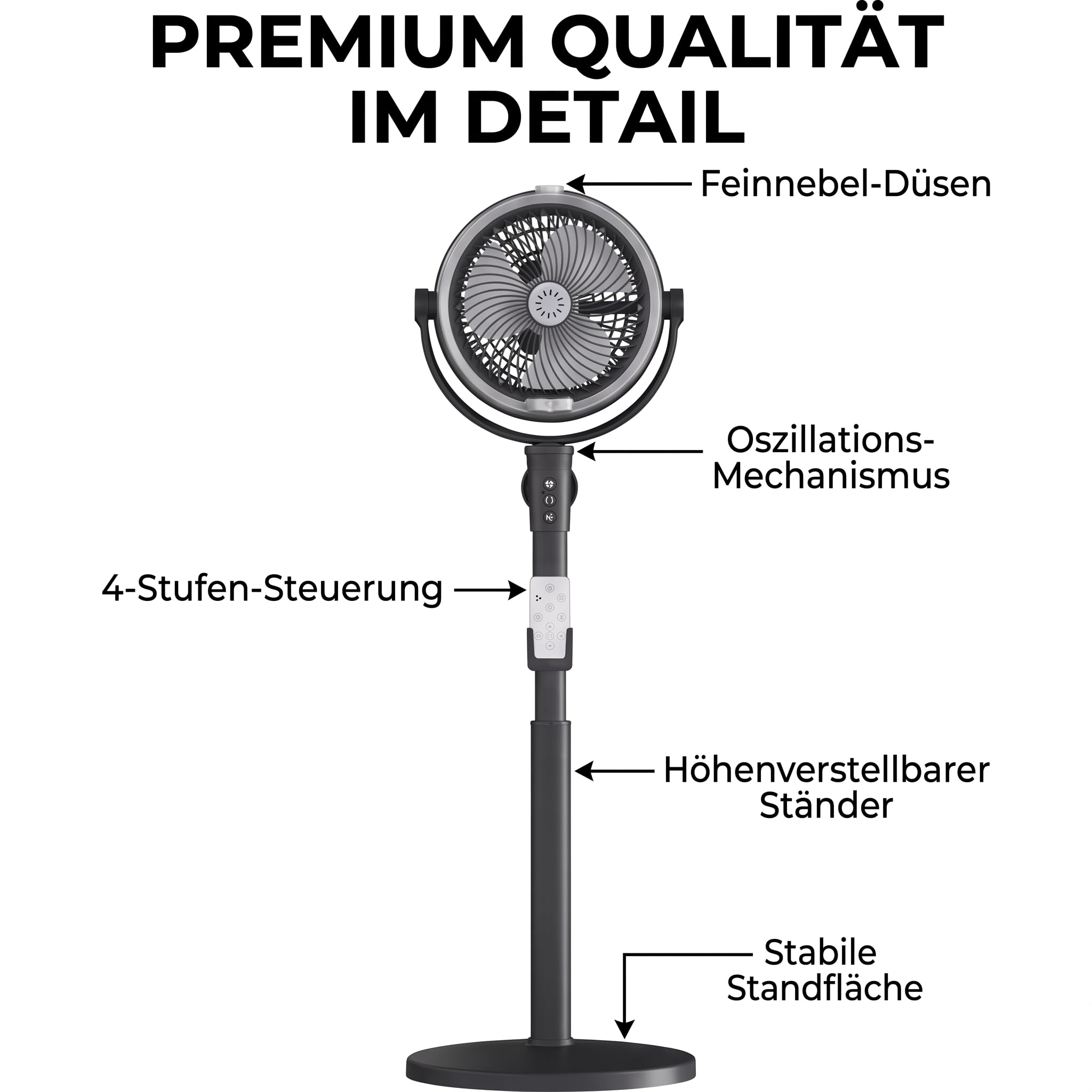 Outdoor Misting Ventilator, Nebel Ventilator Mit 4 Geschwindigkeiten | Misting Ventilator mit Fernbedienung/Timer, 150° anpassbar Oszillierend, für Terrasse, Deck, Camping, Garten(schwarz)