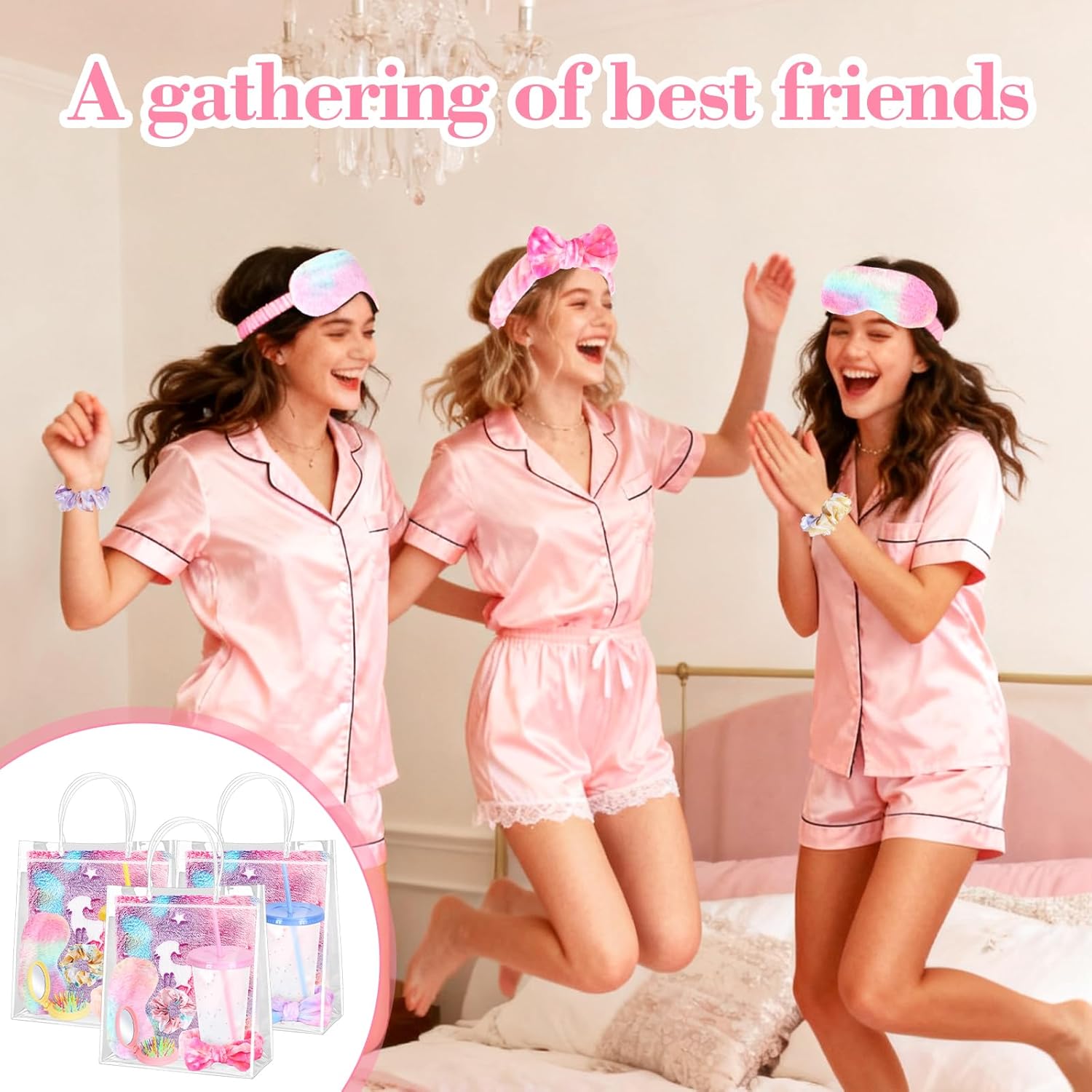 42PCS Sleepover Party Supplies for Girls, 6 Glow in The Dark Blanket 6 Tumbler 6 Spa Headb 6 Sleep Eye Mask 6 Scrunchies 6 Bags 6 Mirrors Combs for Spa Birthday Slumber Party Gifts-Colorful