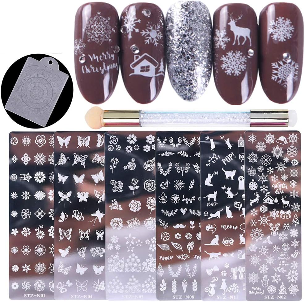 Tingbeauty Nail Stamping Plates Kit Sets 6pcs Nail Plate Template Image Plate With 1 Nail Stamper & 1 Nail Scraper