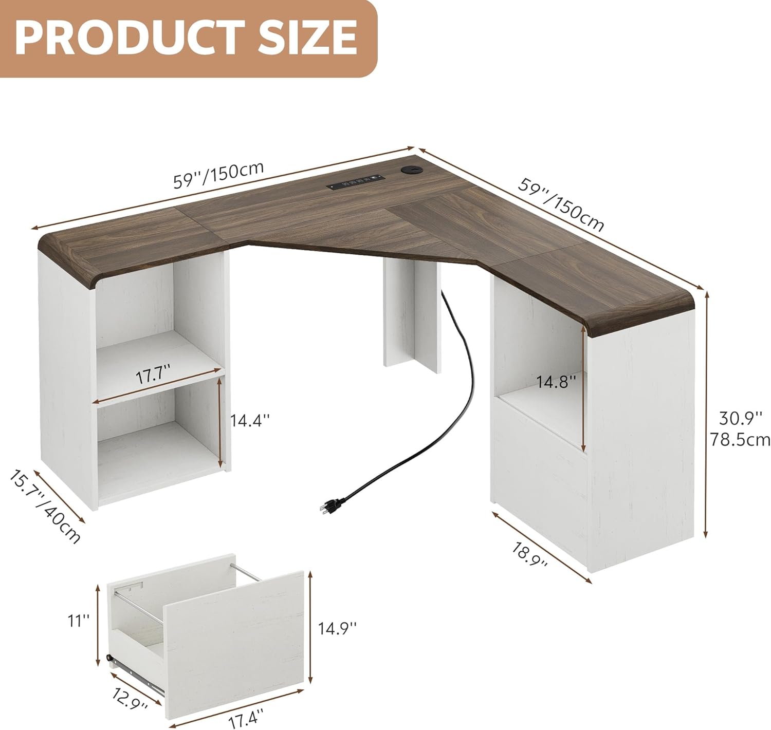 60" L Shaped Desk with File Drawer Modern Corner Computer Desk with Storage L Shape Home Office Desk Executive Desk with Power Outlets Storage Shelves File Cabinet for Working Writing White