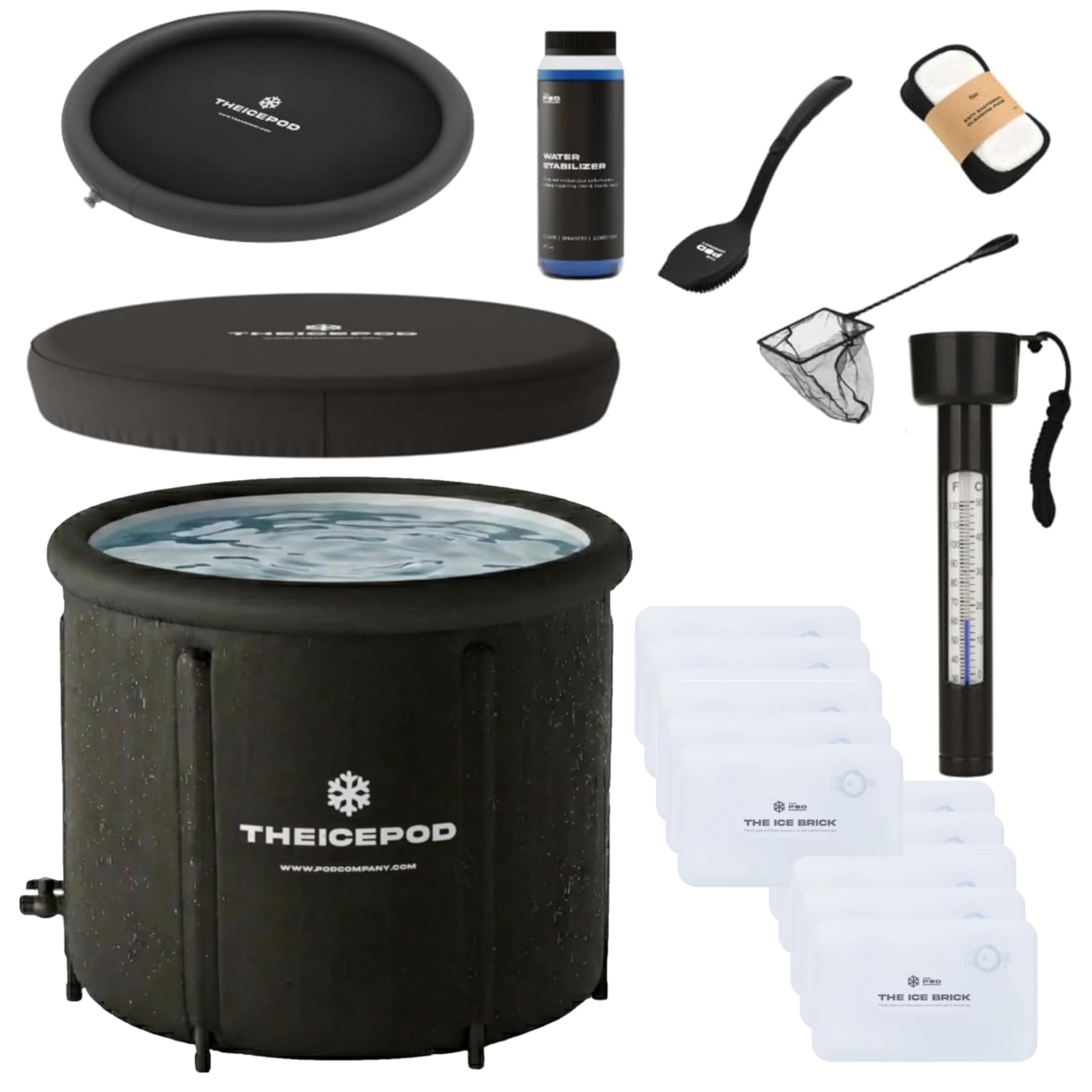 The Pod Company – The Original Ice Pod 84-Gallon Ice Bath Bundle – Portable Cold Plunge Tub with Insulated Lid, Thermometer, Water Stabilizer, 12 Ice Bricks &amp; Cleaning Kit for Recovery &amp; Wellness